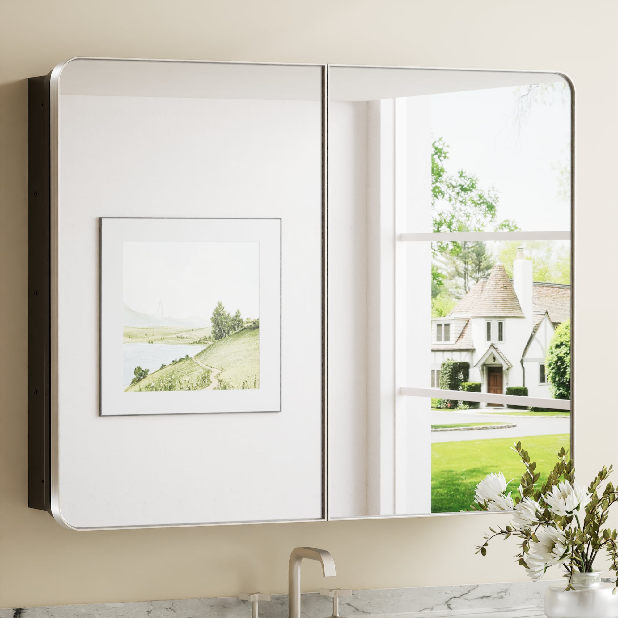 Keonjinn LW-JSKJG-YJ-10181BN 40-in x 32-in Surface/Recessed Mount Brushed Nickel Mirrored Rectangle Soft Close Medicine Cabinet