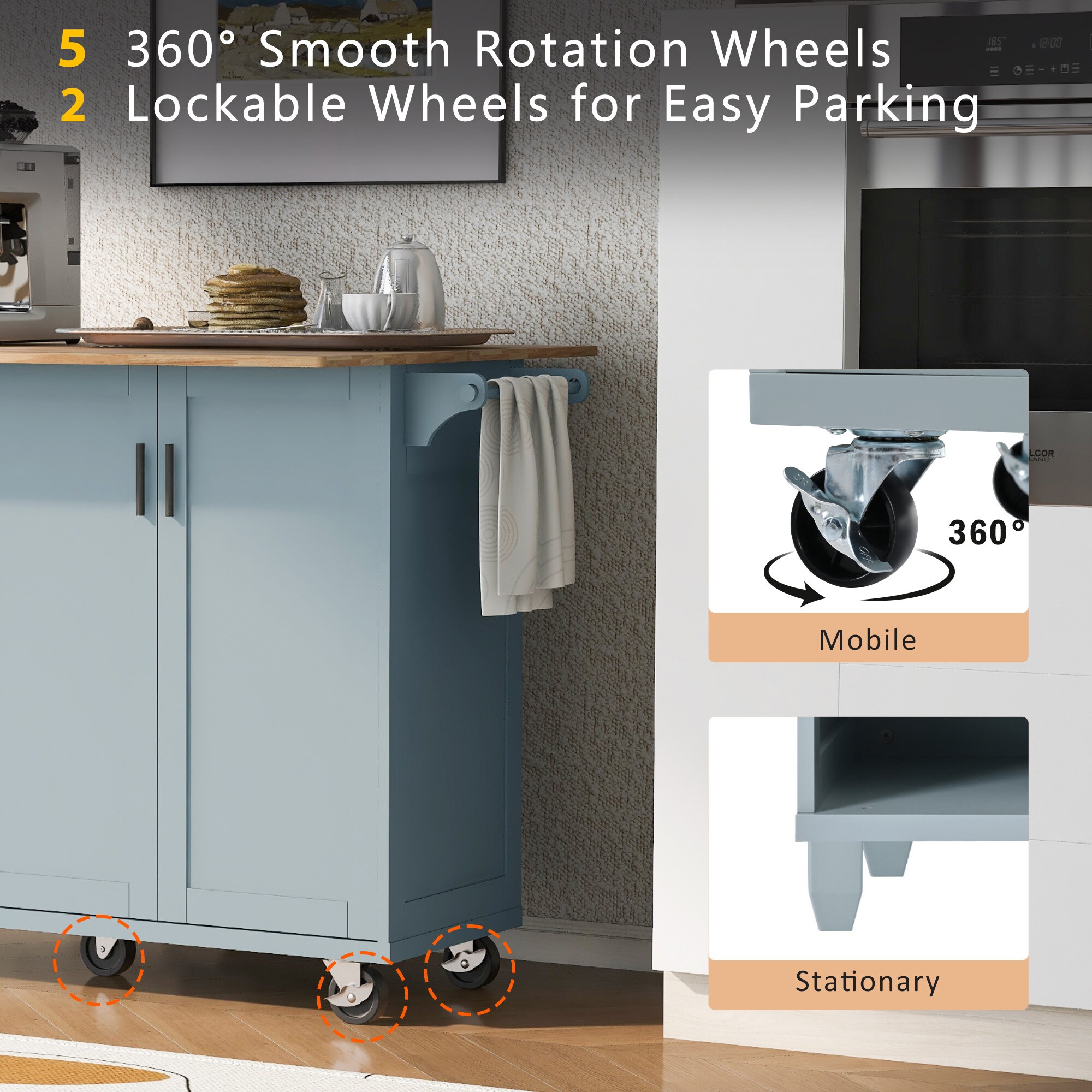 SINOFURN Gray Mdf Base with Mdf Wood Top Rolling Kitchen Island (33.2-in x 49-in x 37.5-in)