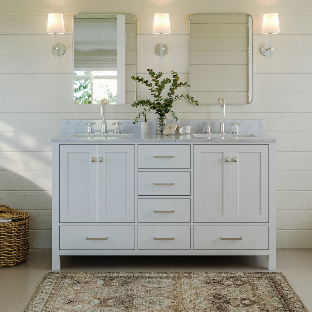 ARIEL A061DCW2RVOWHT Cambridge 61-in White Undermount Double sink Bathroom Vanity with 0.75" Carrara White Marble Natural marble Top