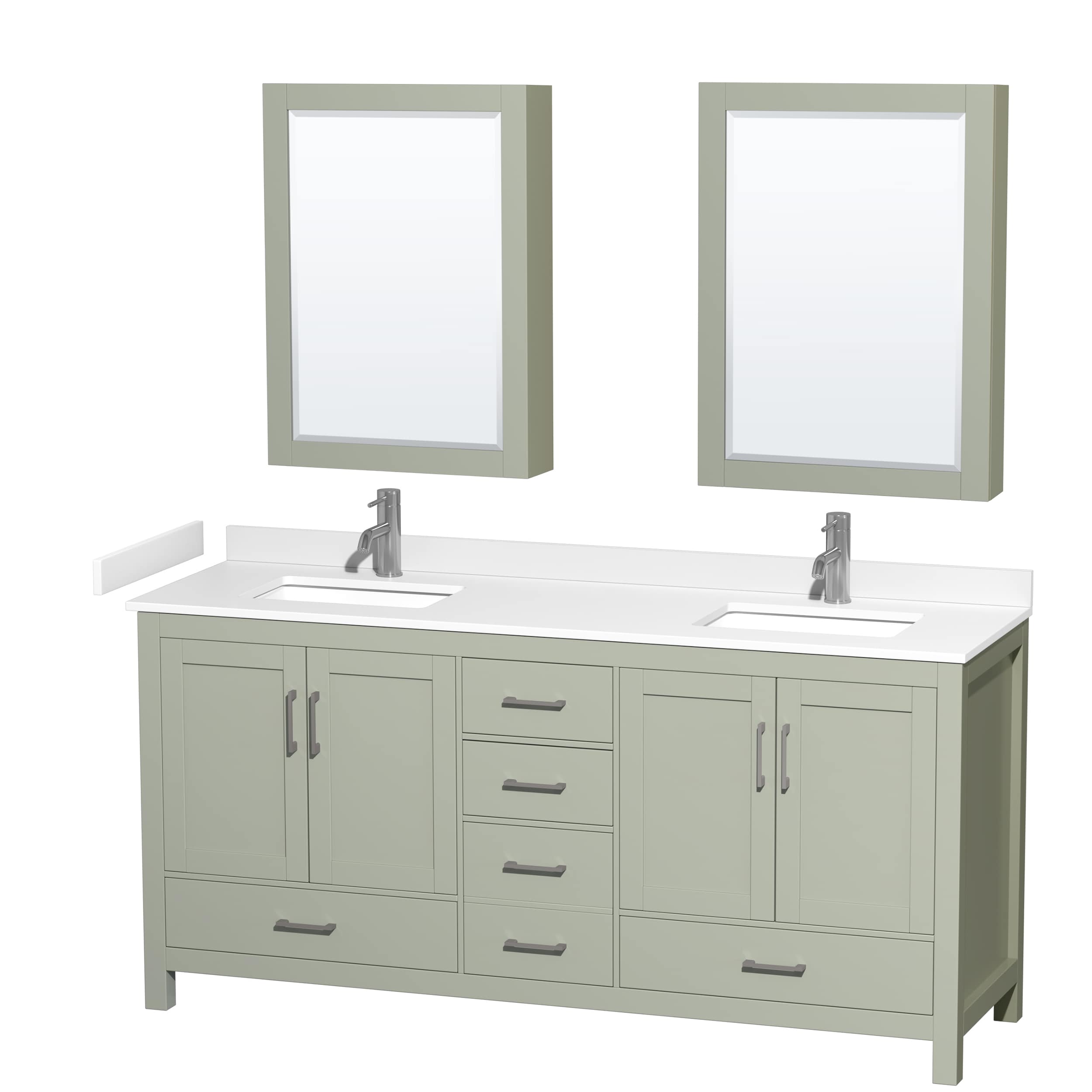 Wyndham Collection WCS141472DLGWCUNSMED Sheffield 72-in Light Green Undermount Double Sink Bathroom Vanity with White Cultured Marble Top (Mirror Included)