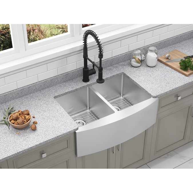 Cmi Parketon Farmhouse Apron Front 30 In X 21 In Satin Double Equal Bowl Kitchen Sink In The Kitchen Sinks Department At Lowes Com