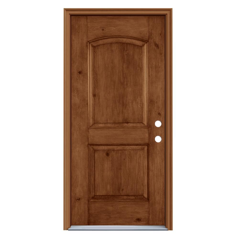 JELD-WEN LOWOLJW232400011 36-in x 80-in x 4-9/16-in Fiberglass No glass Left-hand inswing Hazelnut Stained Prehung Front Door with Brickmould Insulating core