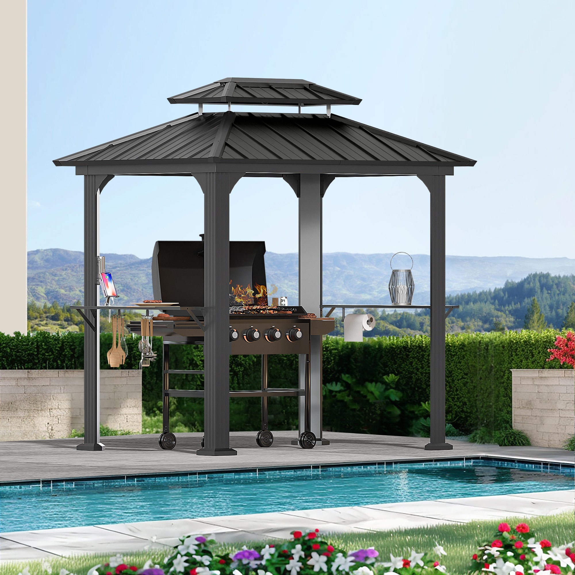 ELEVATE OUTDOORS IG10600004-N 8-ft x 6-ft Black Rectangle Semi-permanent Grill Gazebo with Hardtop Aluminum Roof