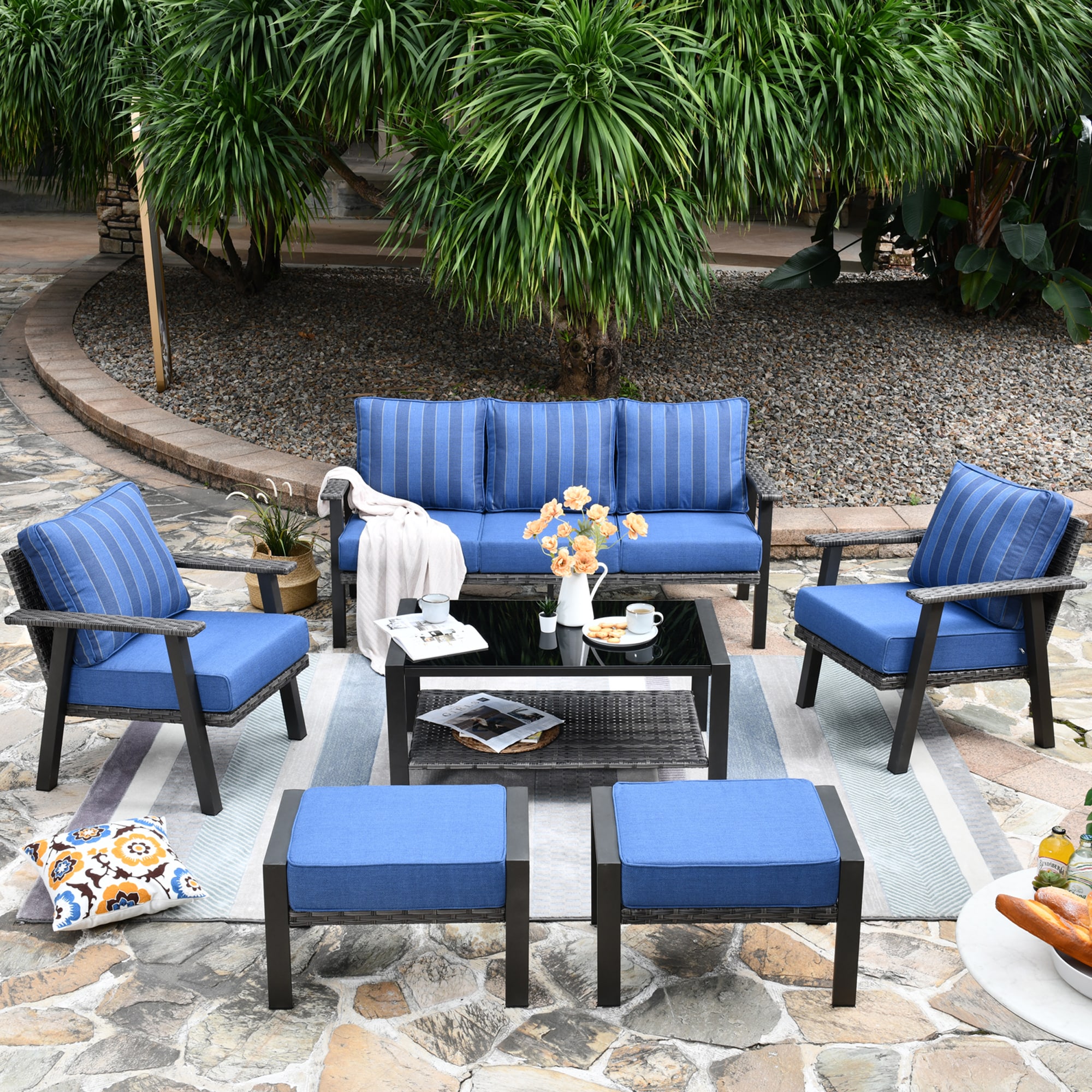 Pouuin SHW50TE06 Hw 6-Piece Rattan Patio Conversation Set with Blue Cushions