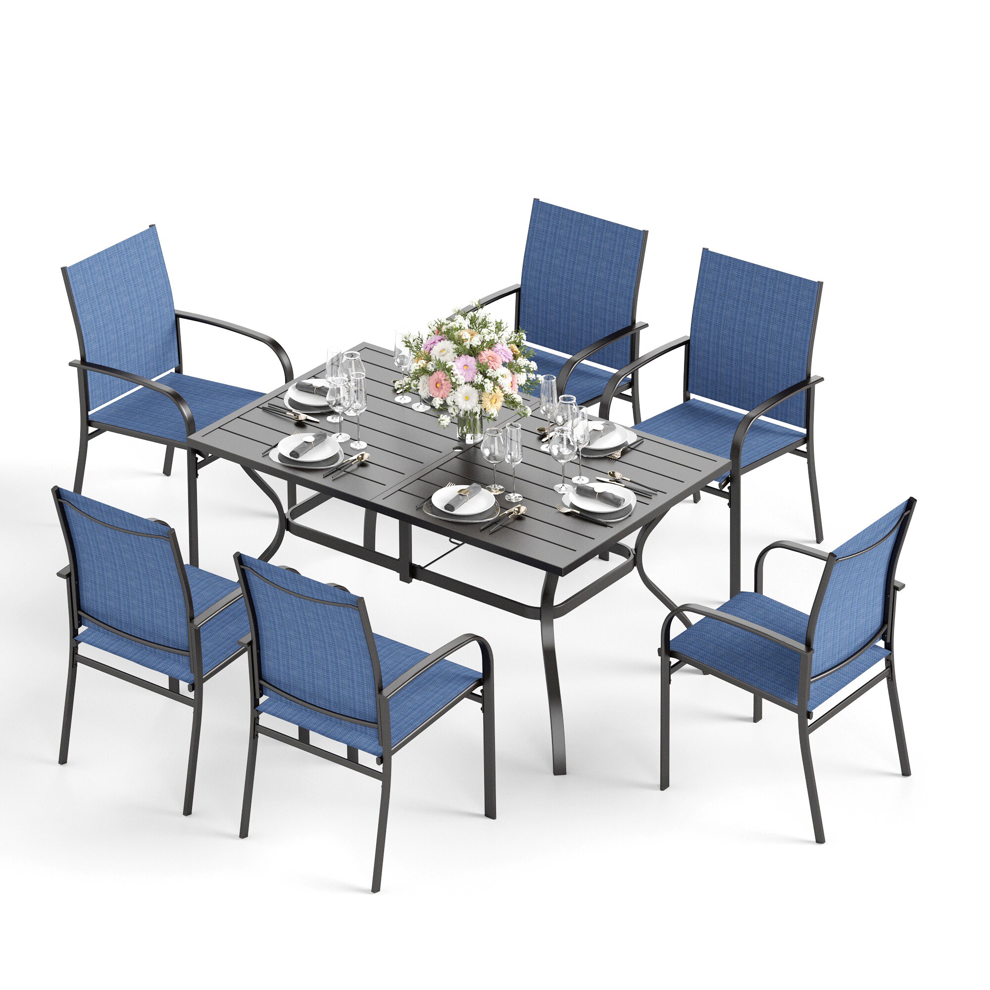 Sunshine Valley 7-Piece Black Patio Dining Set Steel Rectangle Table ...