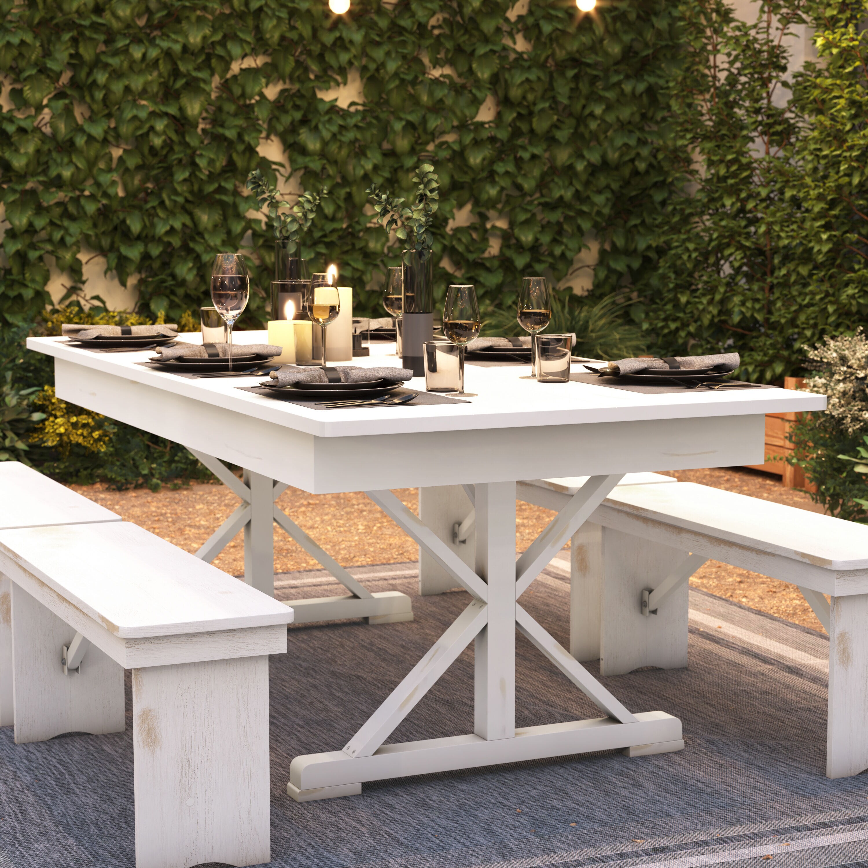 Antique Rustic White Solid Pine Foldable Dining Table with X-Legs