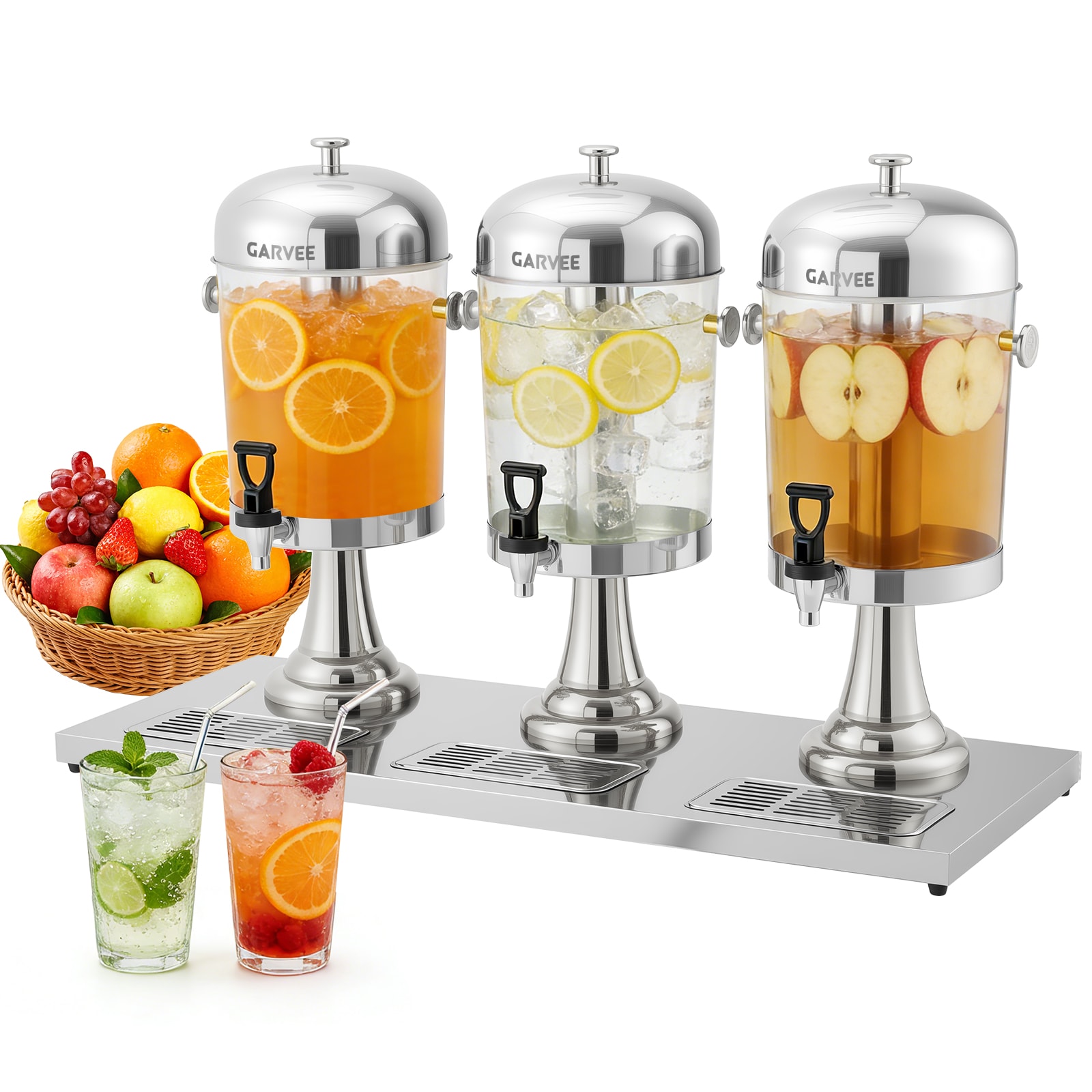Aoile 6.6 Gallon Beverage Dispenser with Ice Core and Stand - Spigot and Drip Tray for Lemonade Iced Tea Juice Parties Weddings and Events - Silver