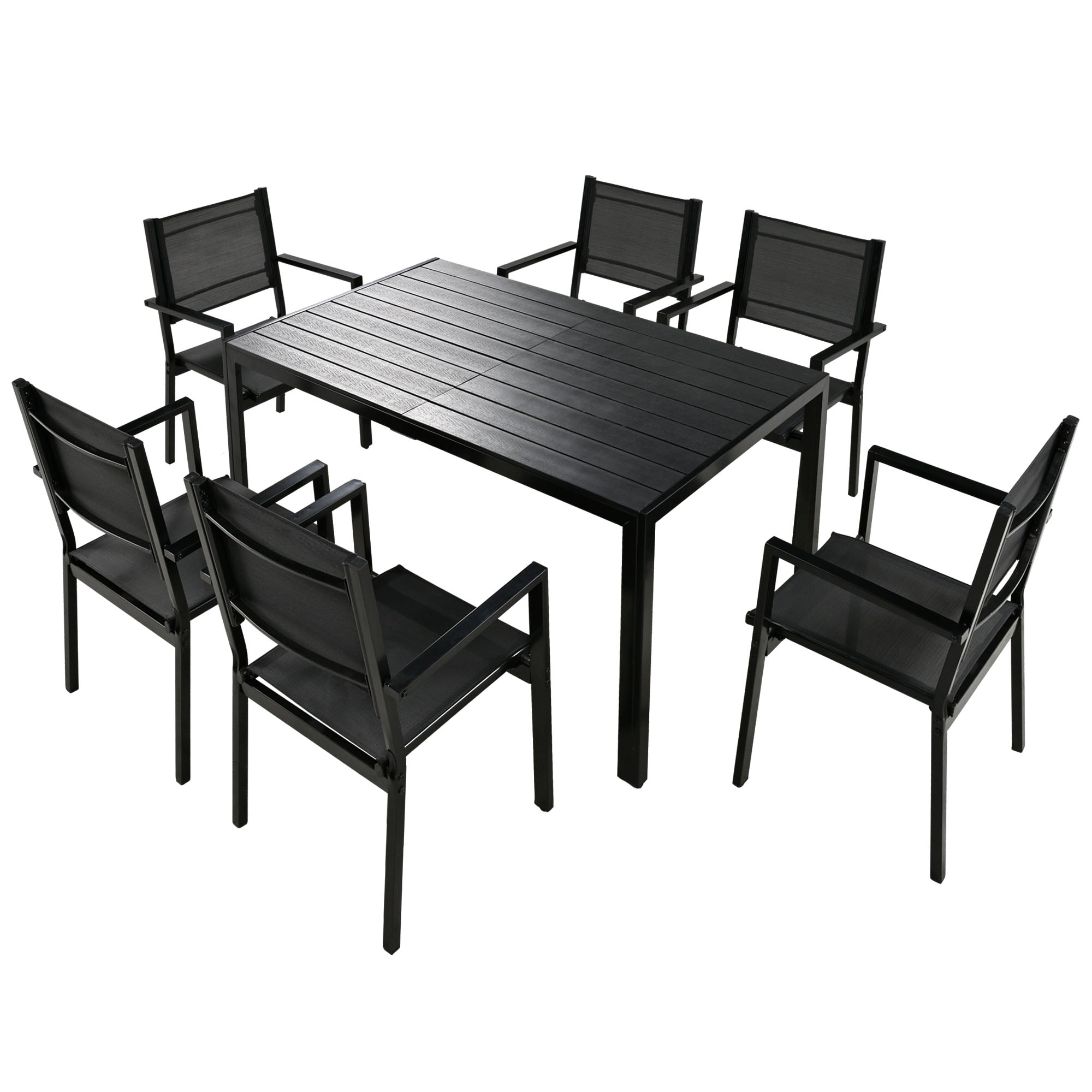 Forclover CBE-5PS0016NY CH Patio Dining Table Set 7 -Piece Black Patio Dining Set Steel Rectangle Table with 6 Stationary Chairs
