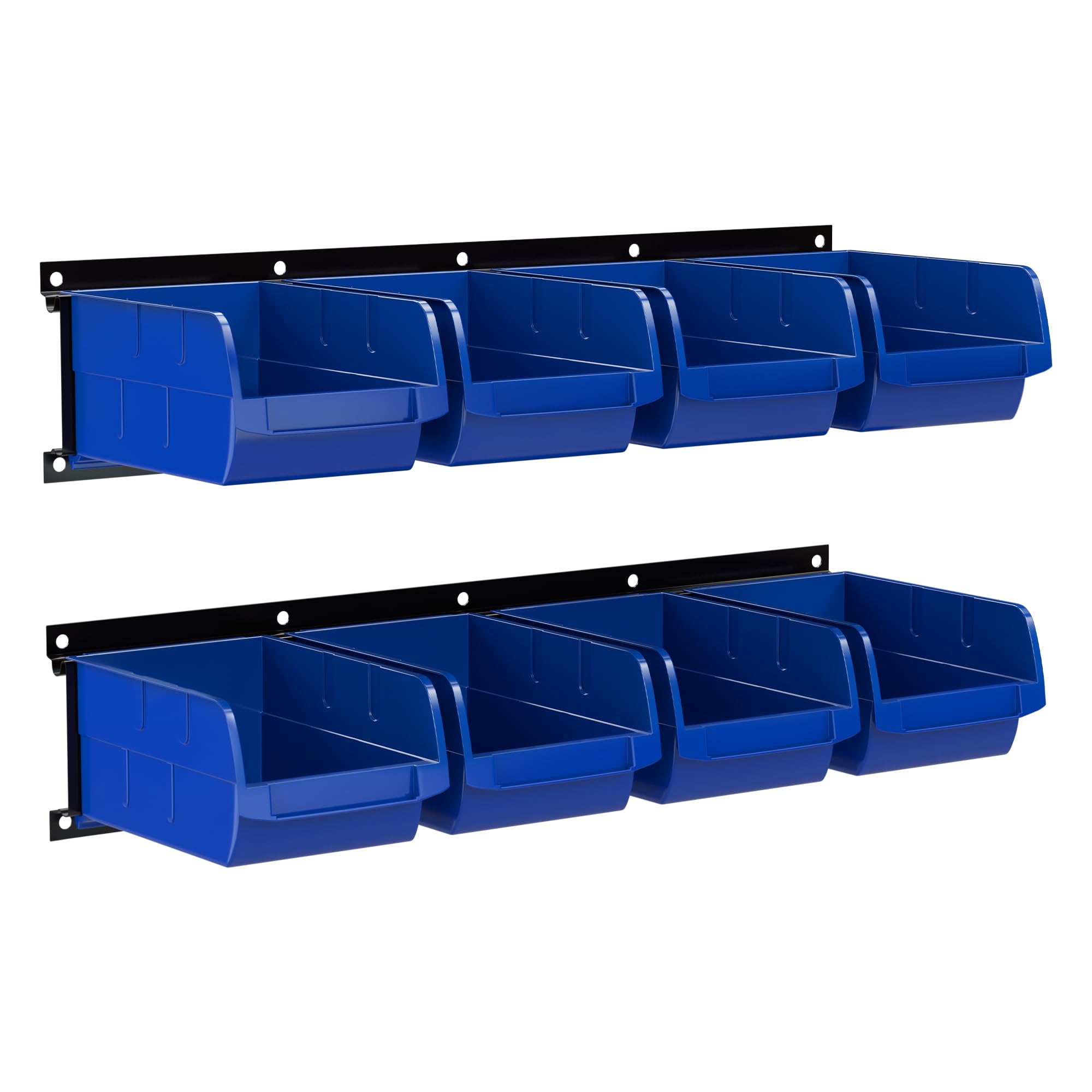 Justincity  Wall Mounted Storage Bin Parts Rack Plastic Hanging Stackable Organizer with 8 Bins and 2 Rails for Garage Workshop Craft Room and
