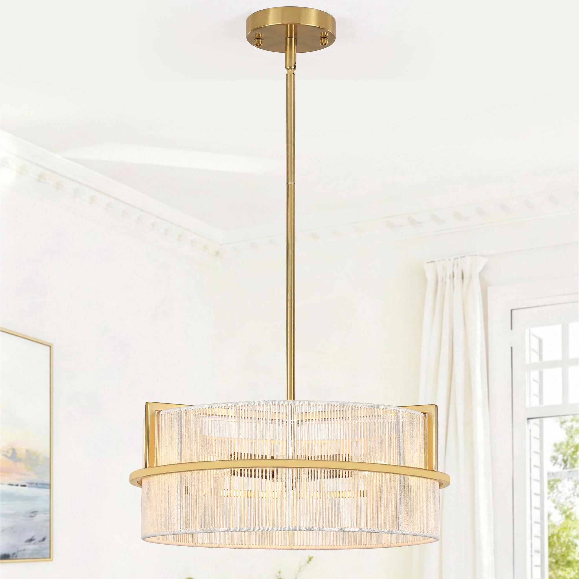 ZemSum 15.7-in 3-Light Brass Boho Rattan Drum Metal Chandelier