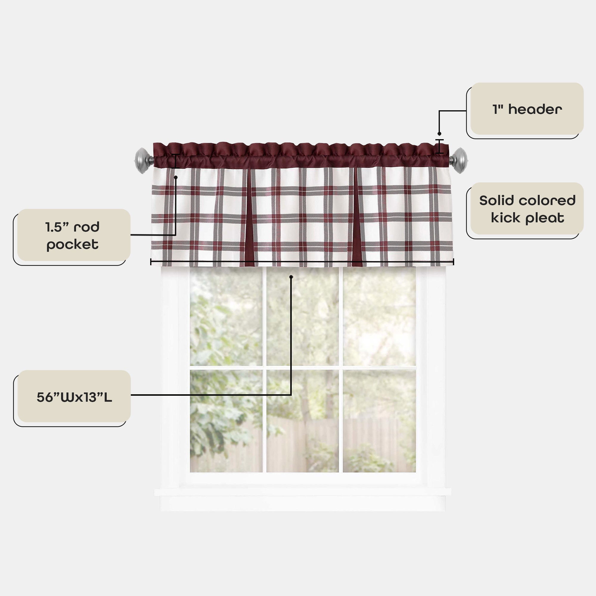 Burgundy Plaid Light Filtering Rod Pocket Valance, 56" x 13"