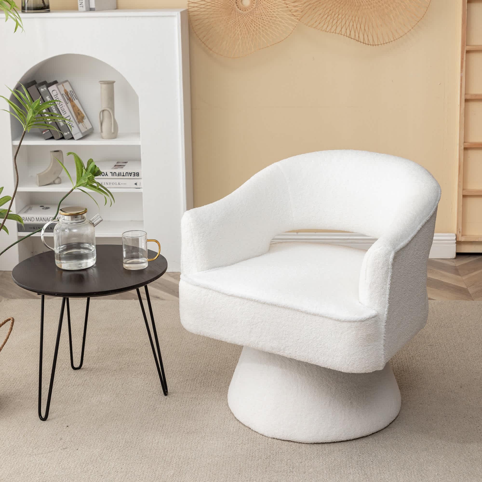 SEYNAR FJ600-WHITE Modern Glam Open Back Velvet Upholstered Round Swivel Accent Arm Barrel Chair for Living Room