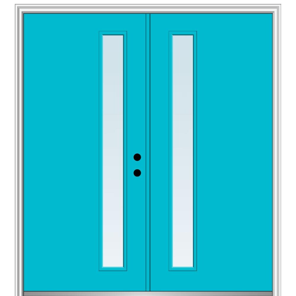 MMI DOOR ZZ345719L Spotlights 60-in x 80-in x 4-9/16-in Fiberglass Full lite Left-hand inswing Bahama Blue Painted Prehung Double Front Door with Brickmould Insulating core
