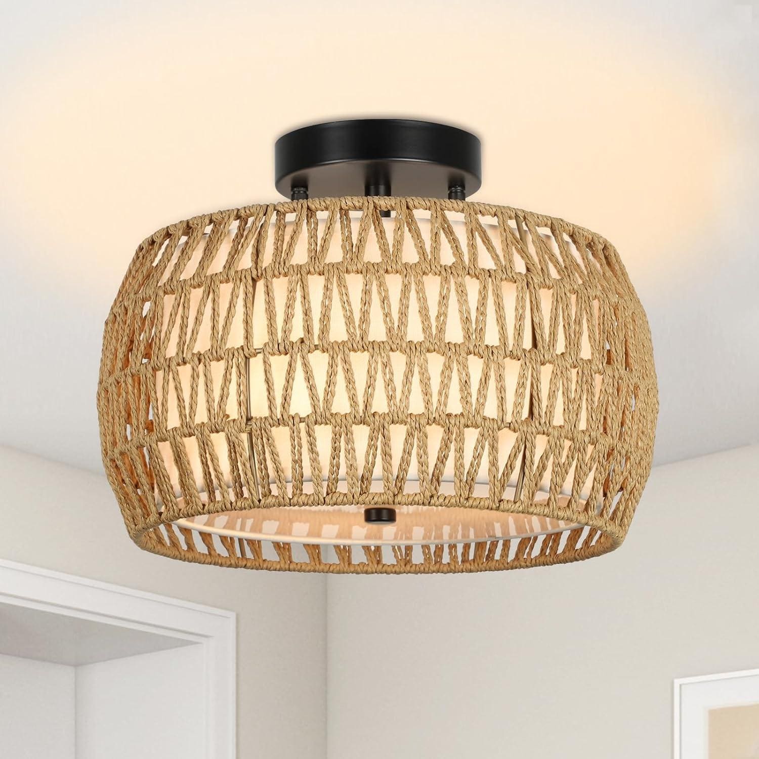 Bayfeve BFDJ-5410-LT Rattan Light Fixtures 3 -Light 12.6-in Brown Indoor/Outdoor Semi Flush Mount Light