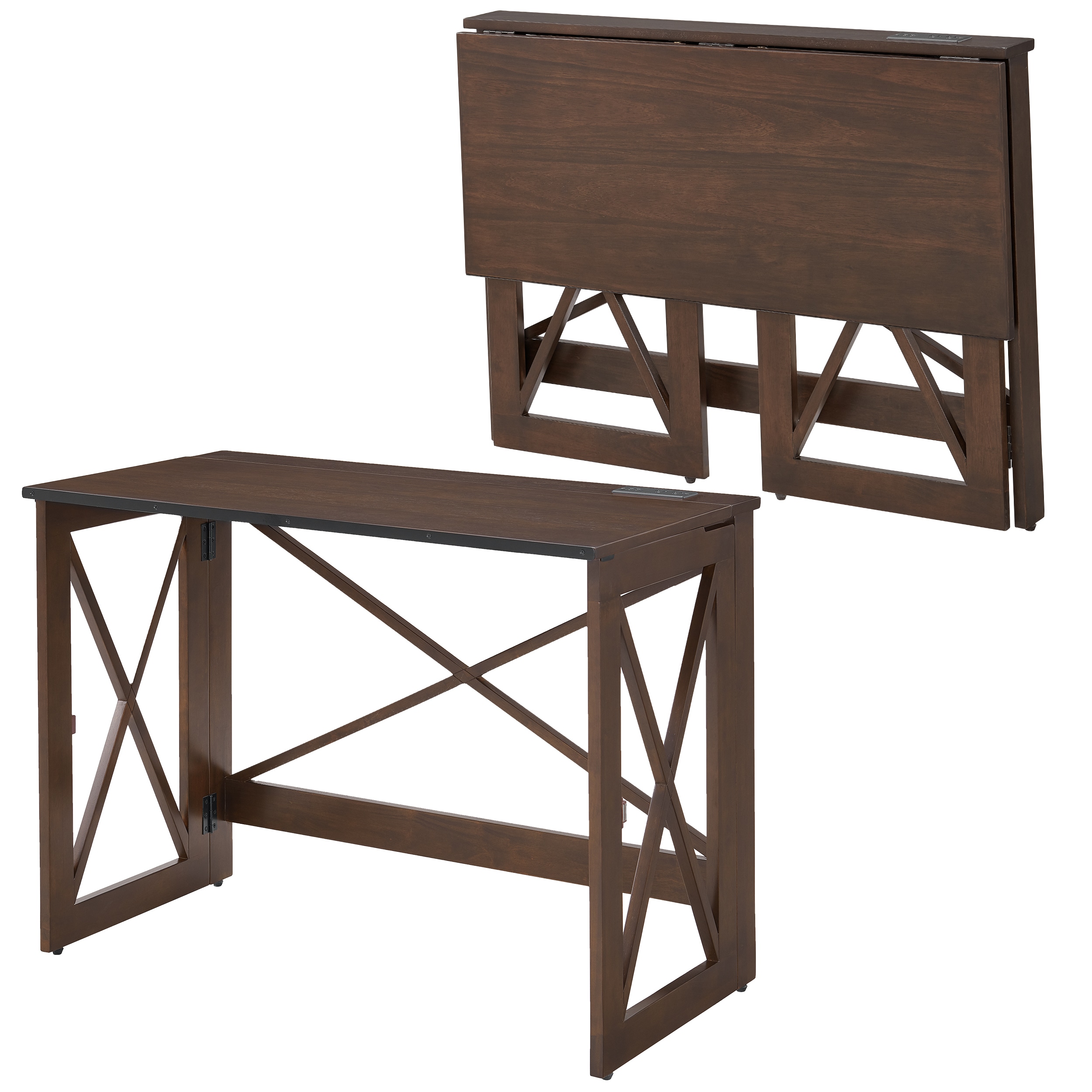 Meco Corporation Meco Stakmore 110 Volt Stylish Versatile Expandable Folding Desk with Built In Outlets for Home Office, Den, or Living Room, Espresso