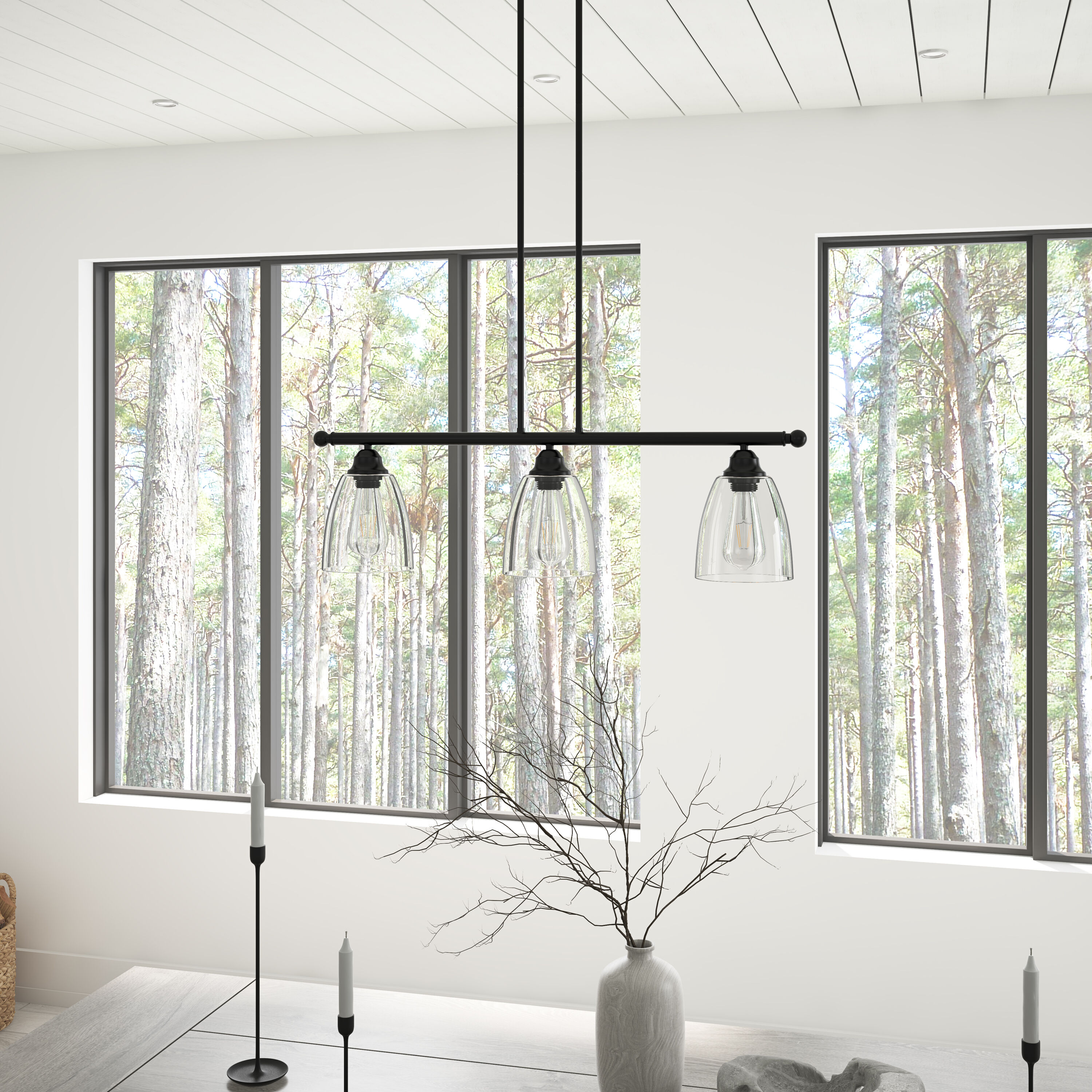 Farmhouse 3-Light Black Metal and Clear Glass Tiered Kitchen Island Pendant