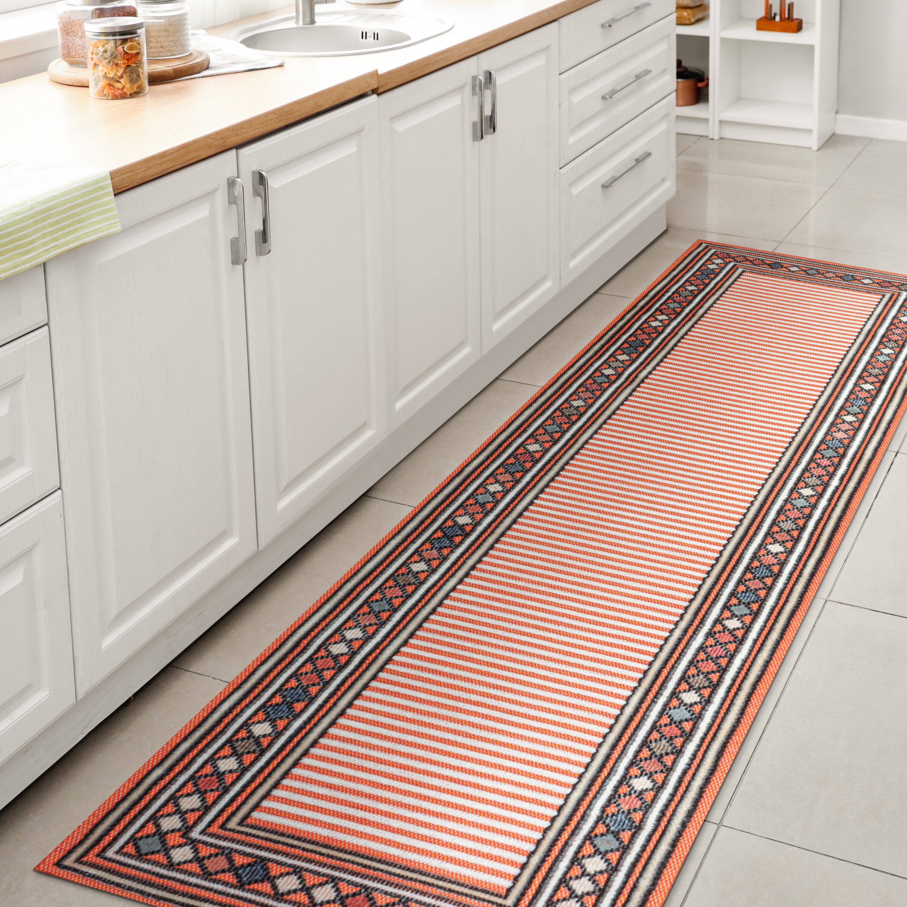 JONATHAN  Y HWC102C-28 Hawaii Sebastian High-Low Modern Diamond Border 2 x 8 (ft) Loomed Polypropylene Orange/Ivory Rectangular Indoor/Outdoor Floral/Botanical Farmhouse/Cottage Runner rug