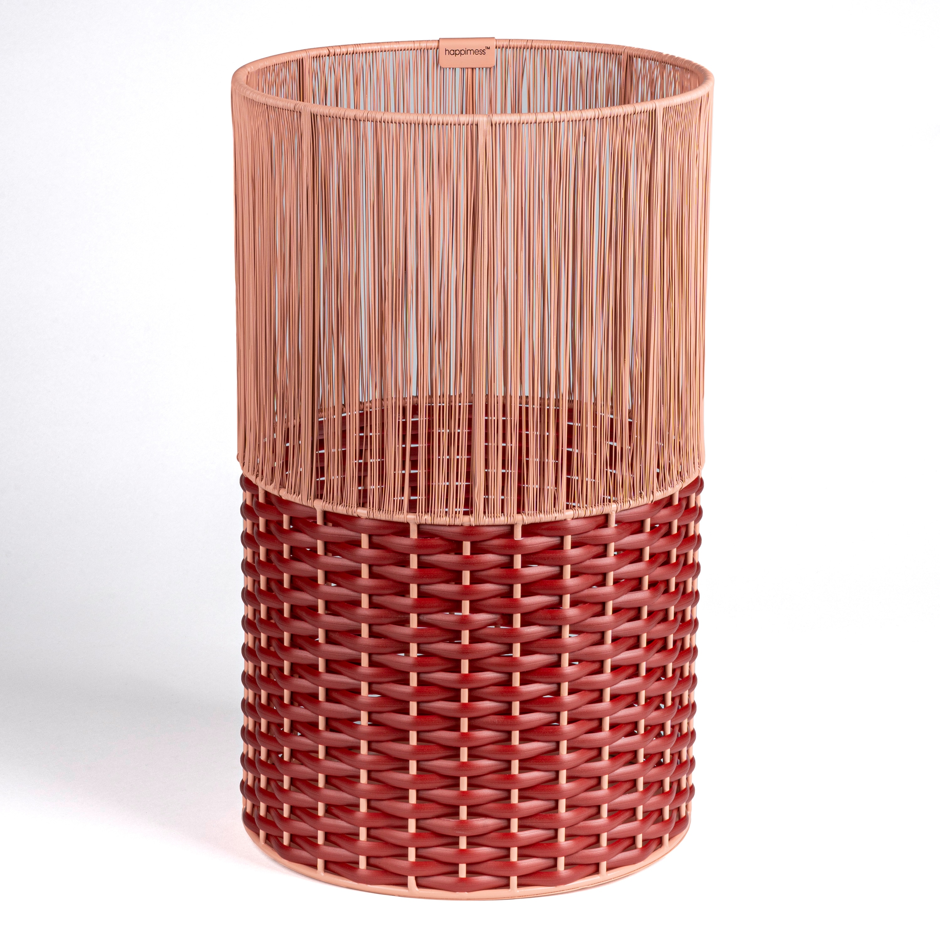 happimess HPM1101C Harper 2-Tone Faux Wicker Cylinder Outdoor Pink/Red Metal Wastebasket