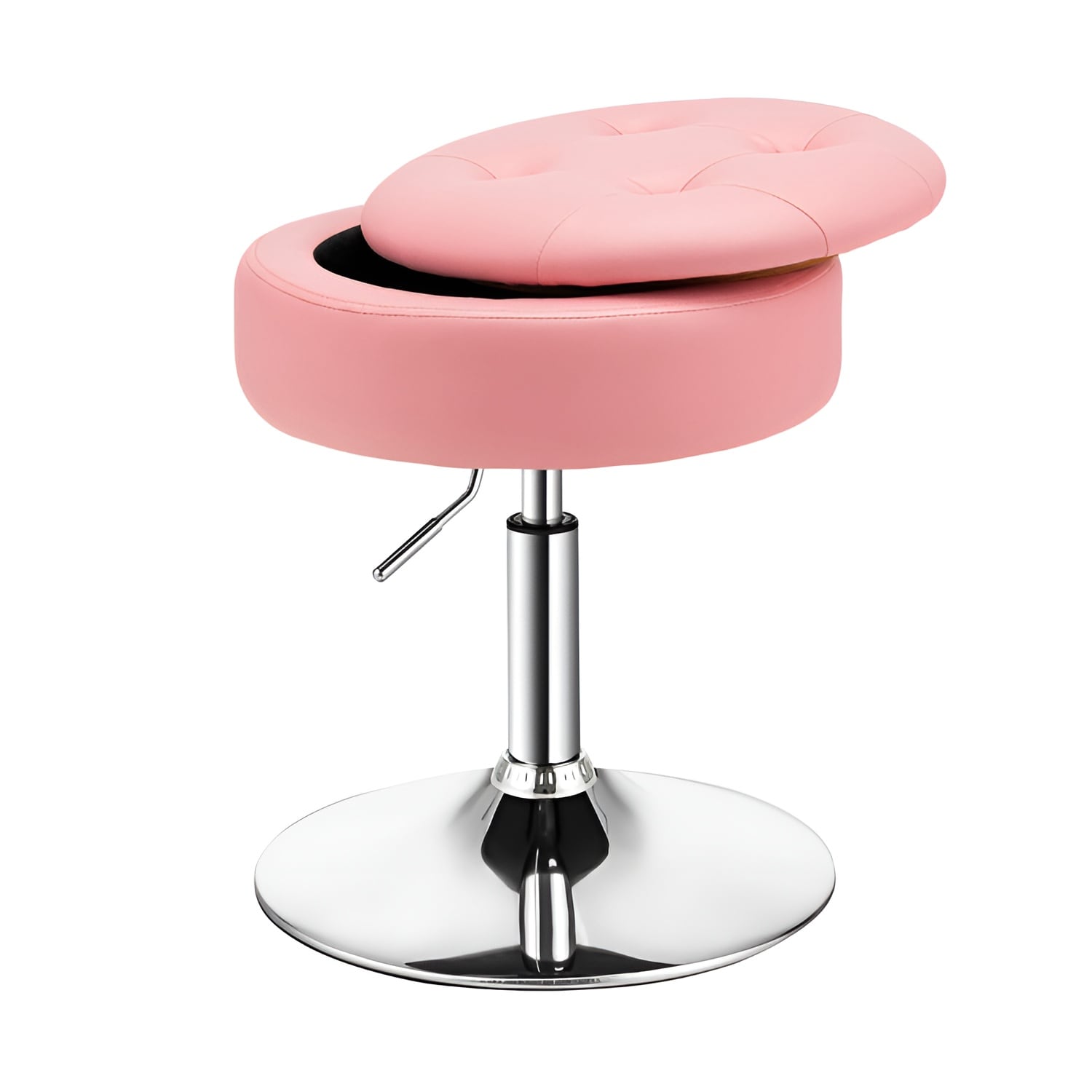 Slickblue 26H White/Pink Round Makeup Vanity Stool with Storage Compartment and Adjustable Swivel Seat for Bedroom Makeup Room Living room