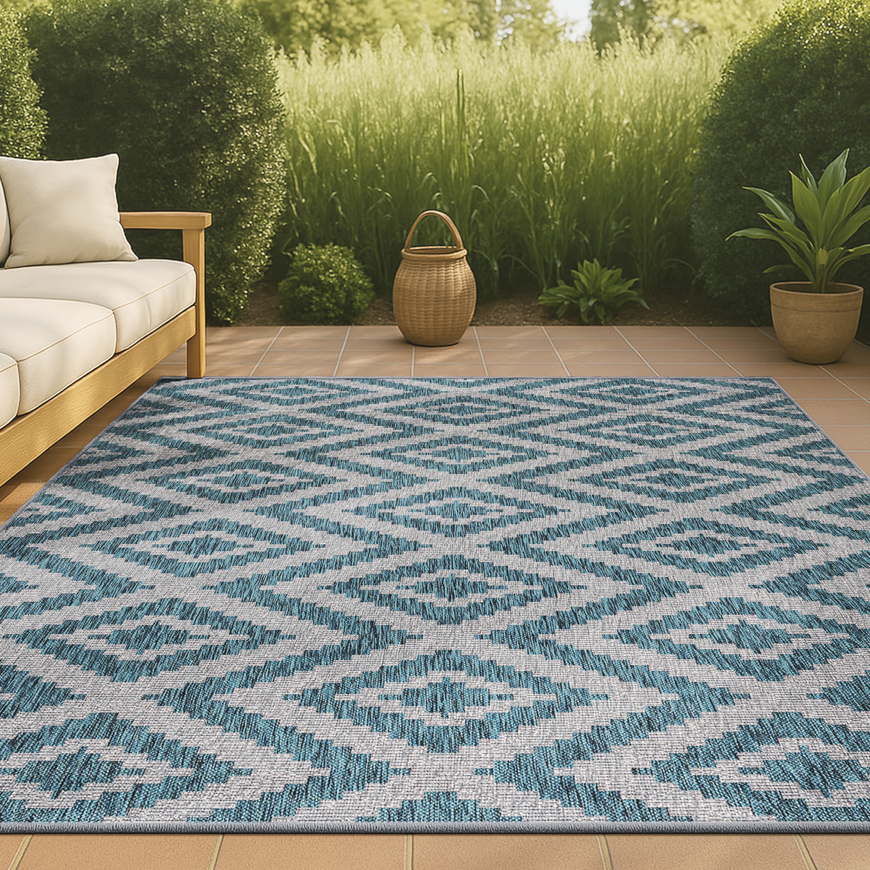 JONATHAN  Y SMB116A-4 Santa Monica Sintra Diamond Tribal 4 x 6 (ft) Loomed Polypropylene Blue/Gray Rectangular Indoor/Outdoor Geometric Coastal Area rug