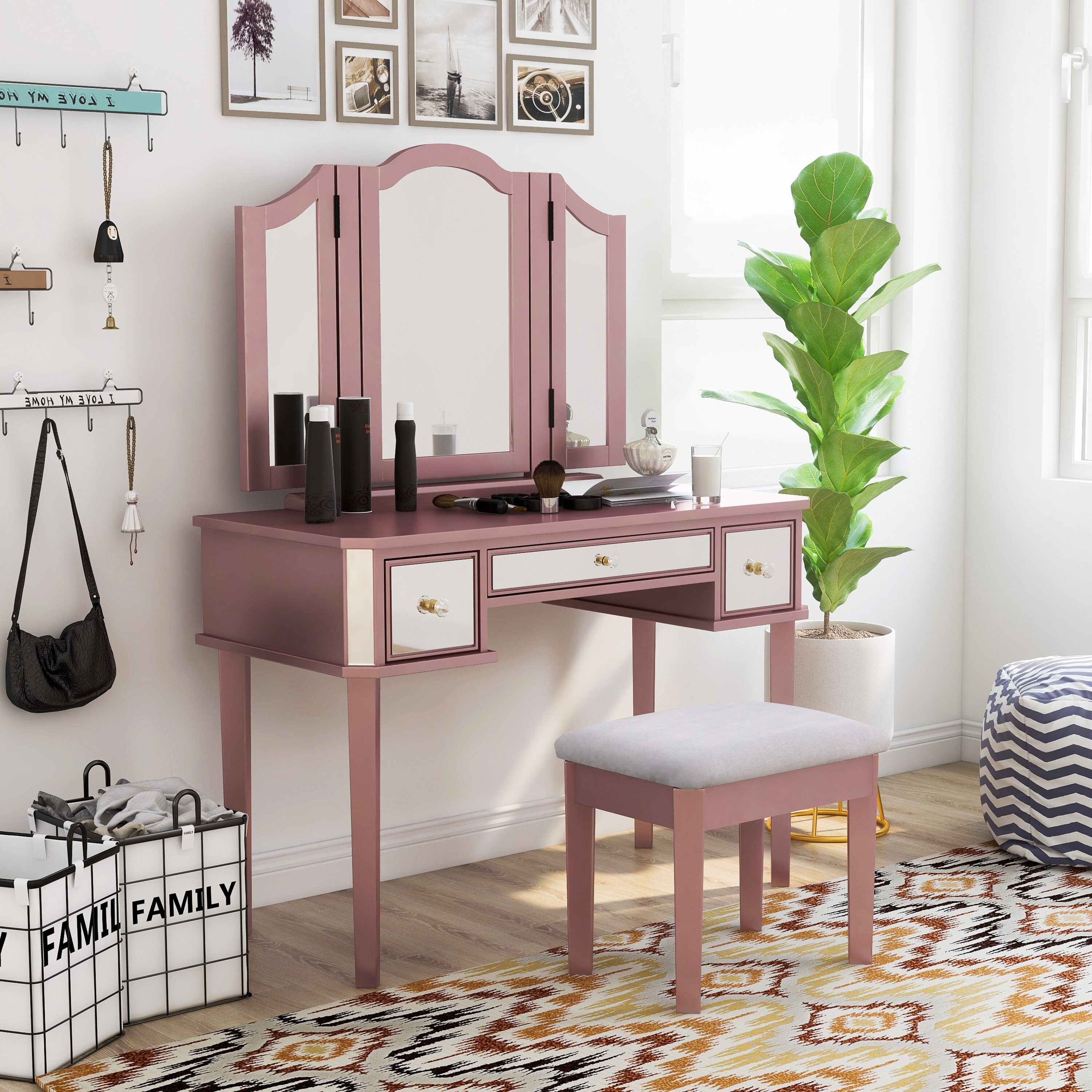 Furniture of America IDF-DK6148RG 43.25-in Rose Gold Makeup Vanity