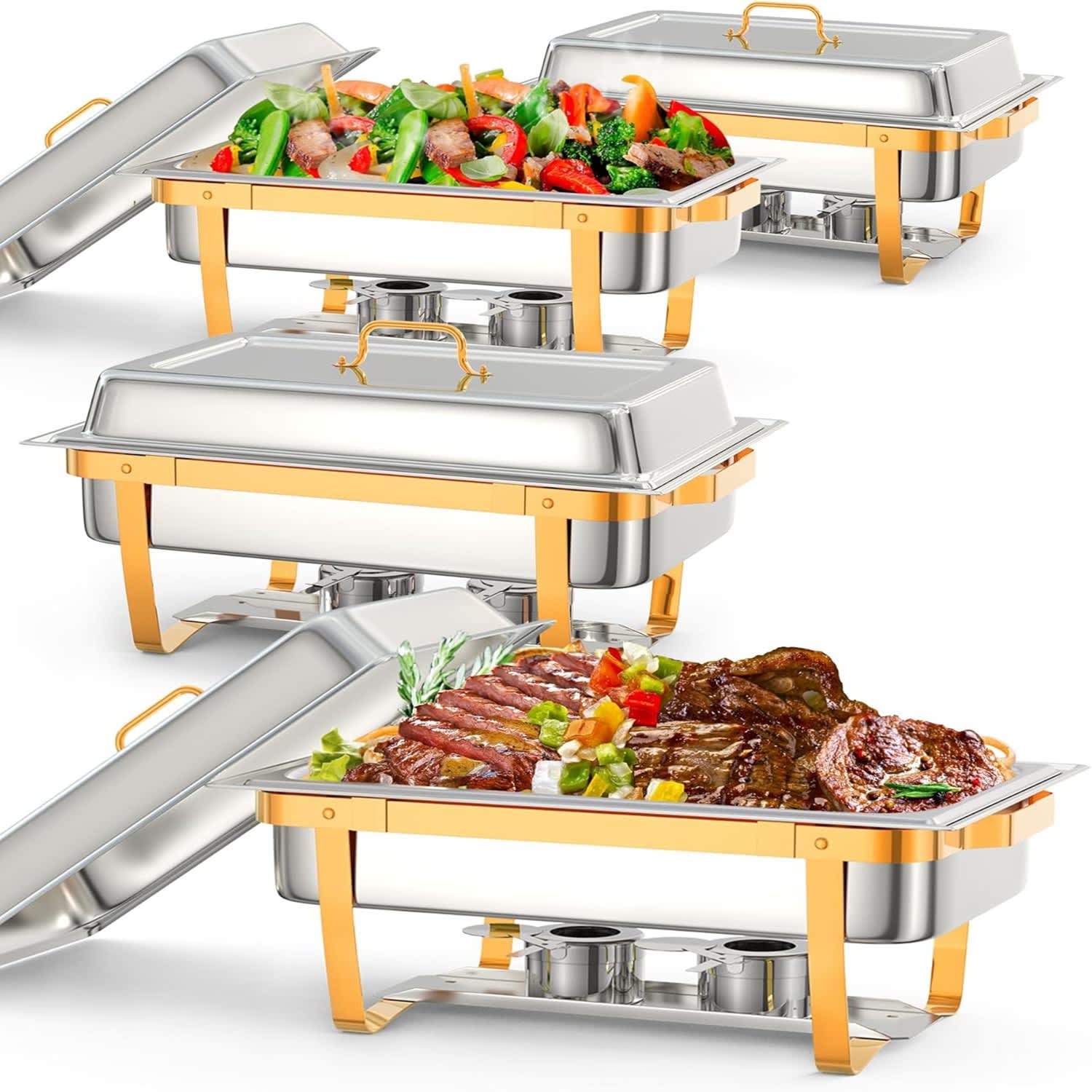 Qeetex LSHQPHO-16OKEBXG 4 Packs 8QT Chafing Dish Buffet Set Stainless Steel Chafers and Warmers Food Servers Sets with Folding Frame