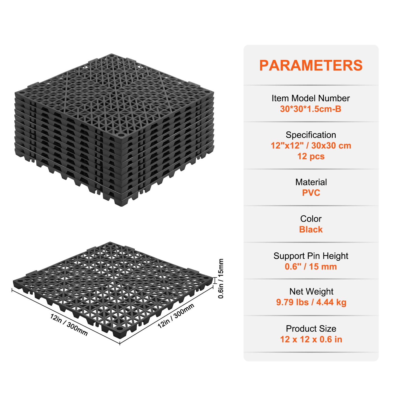 Black 12'' x 12'' PVC Interlocking Drainage Floor Tiles