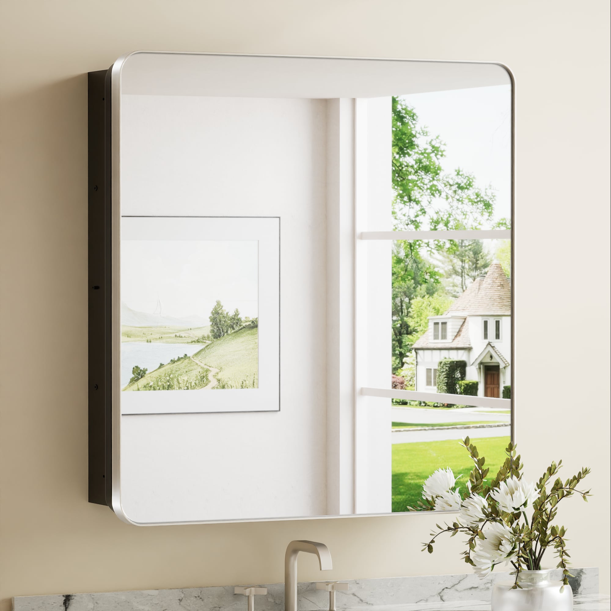 Keonjinn LW-JSKJG-YJ-7681BN 30-in x 32-in Surface/Recessed Mount Brushed Nickel Mirrored Rectangle Soft Close Medicine Cabinet