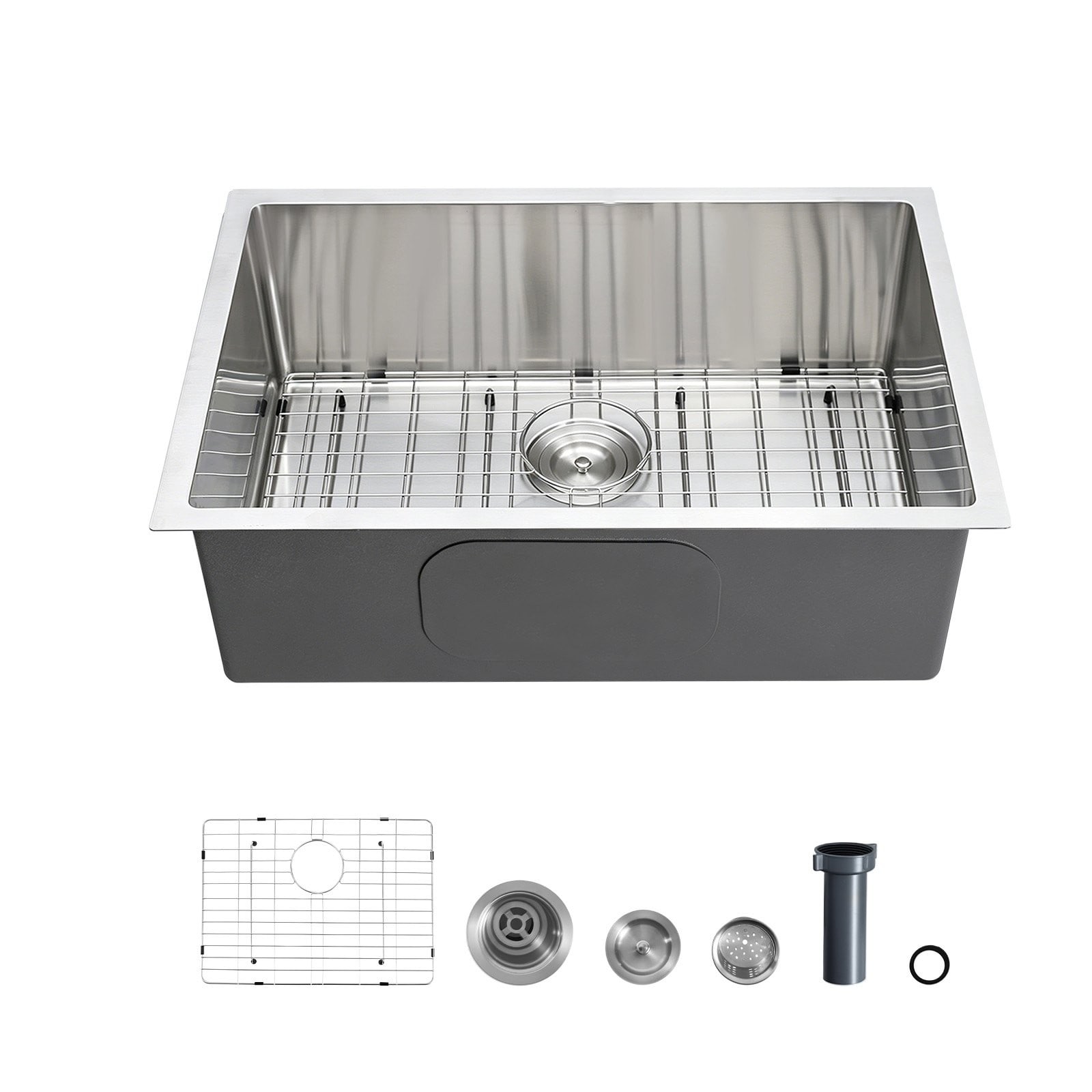 GIVIMO 27-in Undermount Kitchen Sink Single Bowl SUS304 Stainless Steel 2-mm Thick Drop-In Basin with Offset Drain Bottom Rinse Grid and Strainer 9-in Deep Bowl R10 Rounded Corners for Kitchen Laundry Room Bar Workstation and RV Galley Remodels