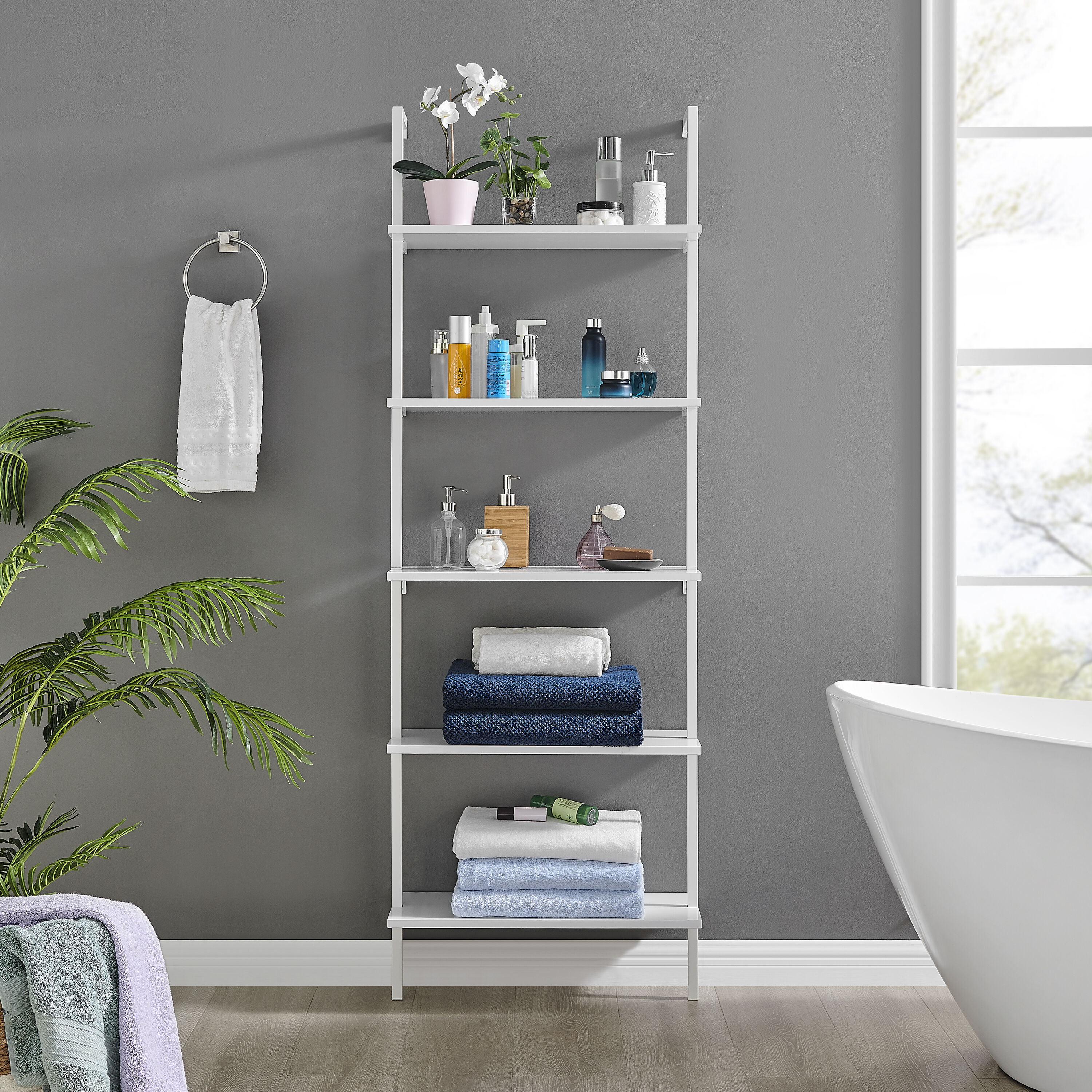 Danya B. GH22085WH 9.875-Inches L x 23.625-Inches D x 68.5-Inches H White/White MDF Rectangular Tiered shelf 5 Decorative Shelves