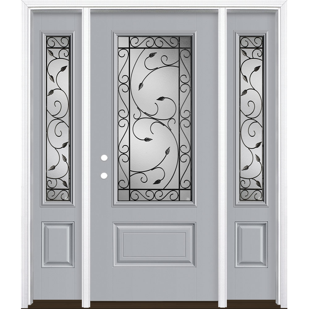 Masonite 3422518 Pergola 60-in x 80-in x 4-9/16-in Fiberglass 3/4 lite Right-hand inswing Infinity Gray Painted Prehung Single door with sidelights Front Door with Brickmould Insulating core Decorative glass