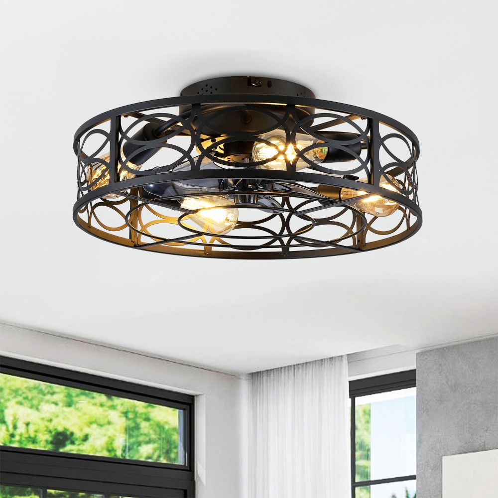 Basdien 20 in Bronze Low Profile Caged Ceiling Fan 6 Speed Reversible DC Motor Remote Control Farmhouse Flush Mount for Kitchen Bedroom Living Room No Bulbs Included Quiet Energy Efficient 4 E26 Sockets 7 Blades Easy Install Home Office Patio