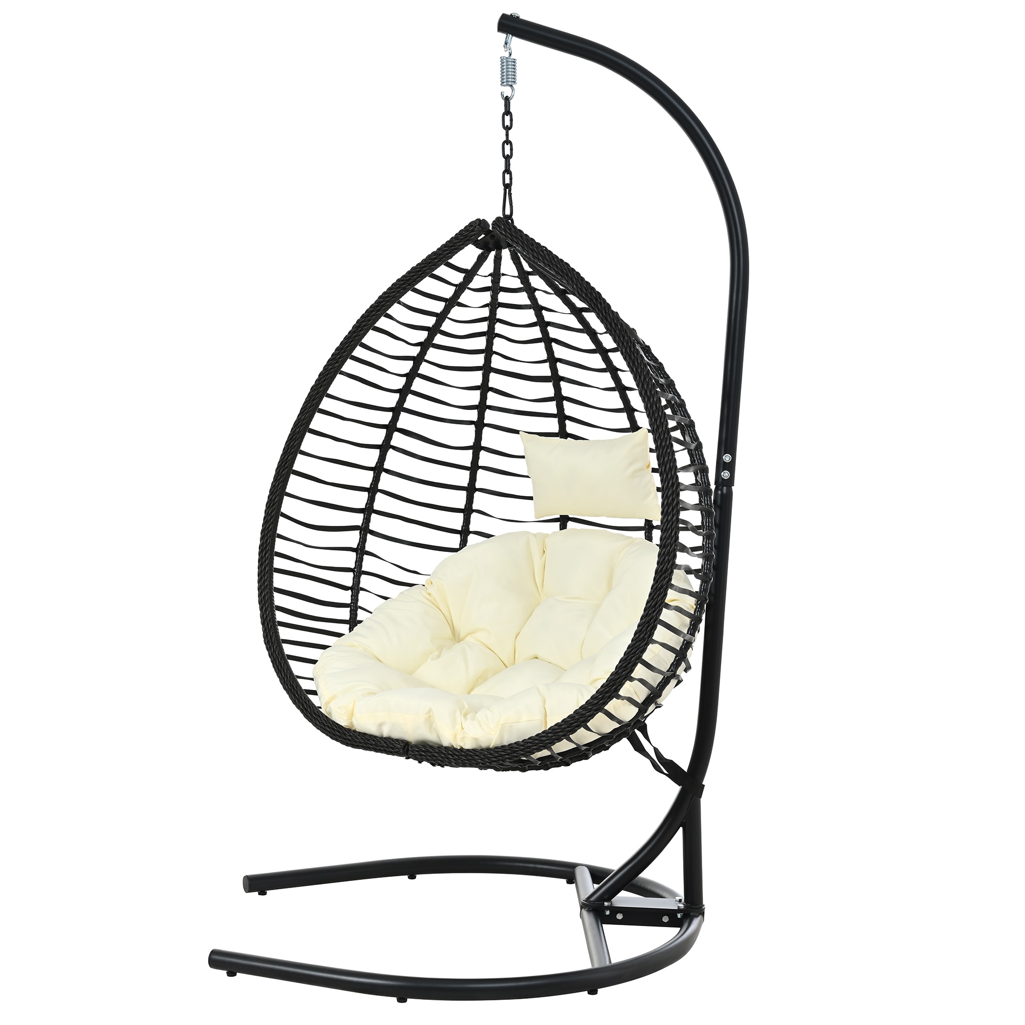 Qualler  Hanging Hammock Egg Swing Chair with Stand Foldable Rattan Plush Cushion and Removable Headrest -  Black+Beige