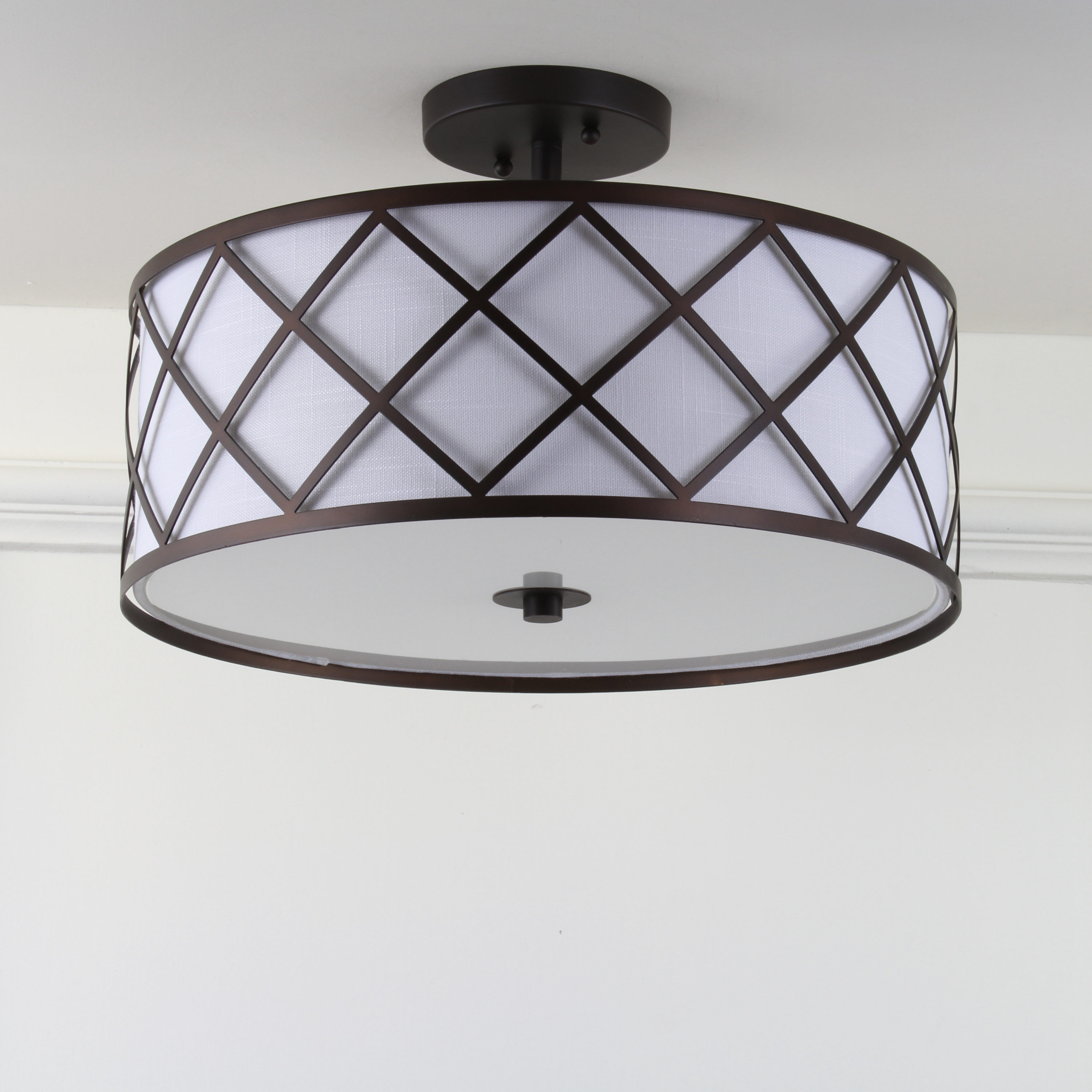 Transitional Elegance 16.75" Drum Flush Mount in Oil Rubbed Bronze with White Linen Shade
