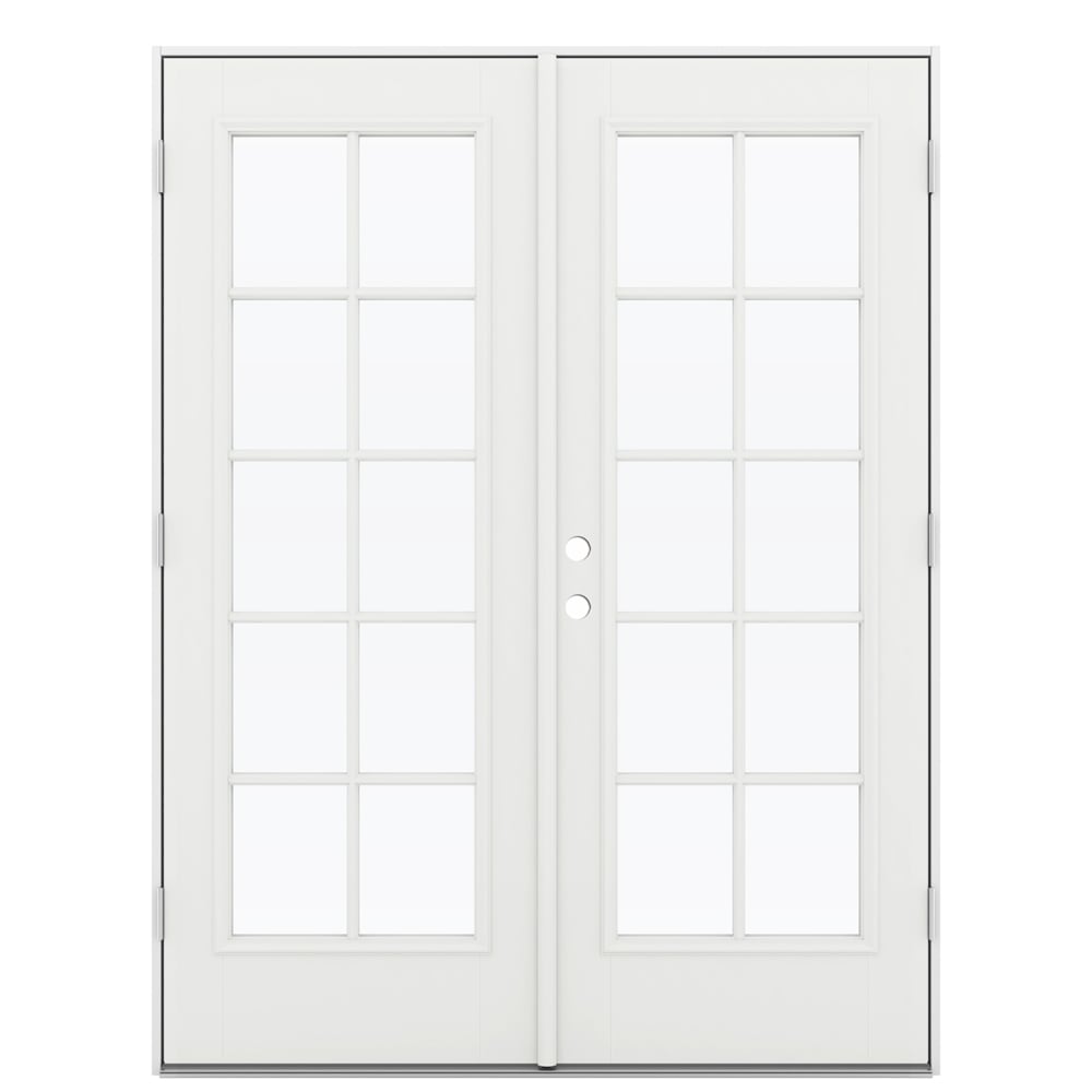 JELD-WEN LOWOLJW182300070 F-3500 60-in x 80-in x 4-9/16-in Jamb Low-E External grilles , Modern White Fiberglass Left-hand outswing French Double Patio Door