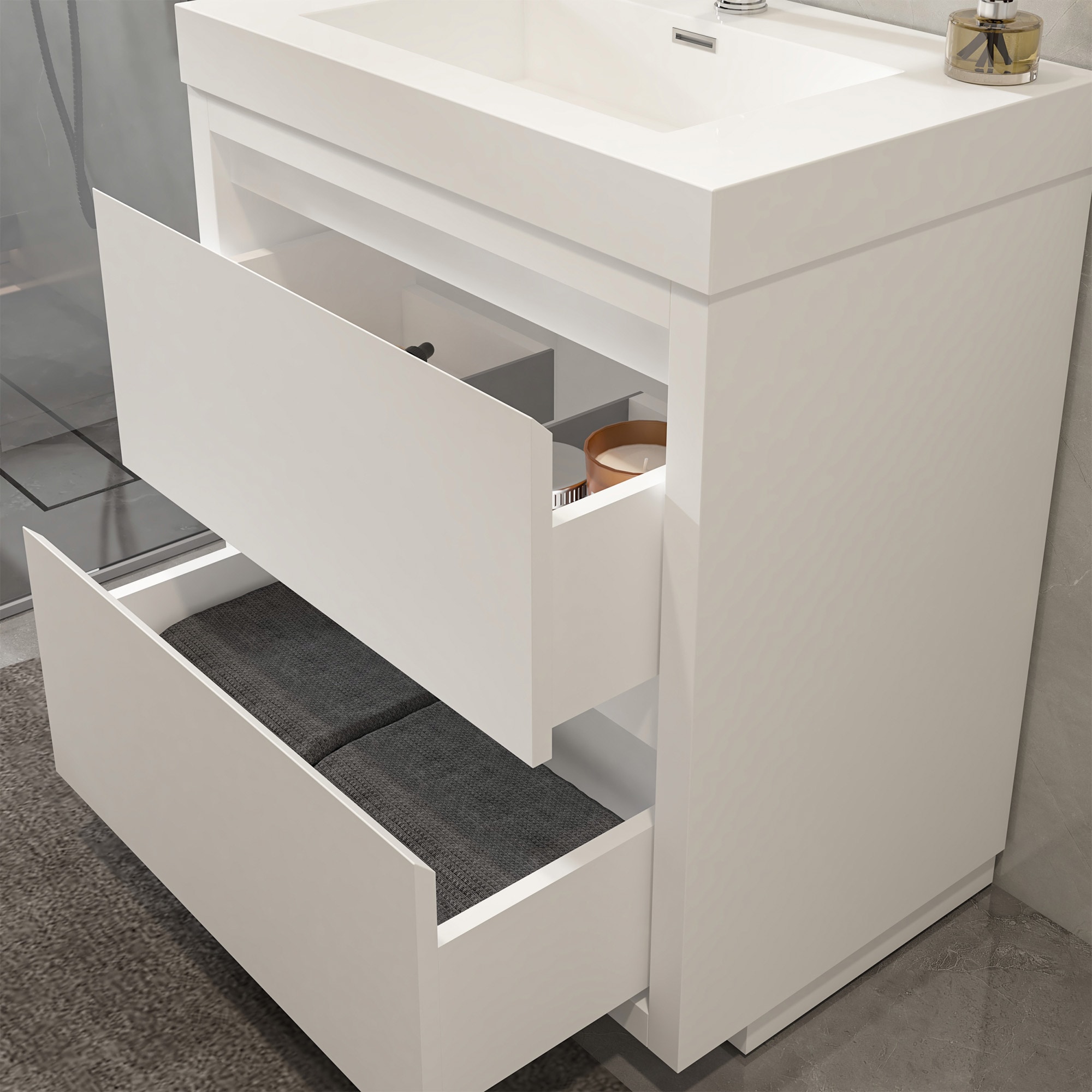 24-Inch Glossy White Single Sink Bathroom Vanity with Resin Top