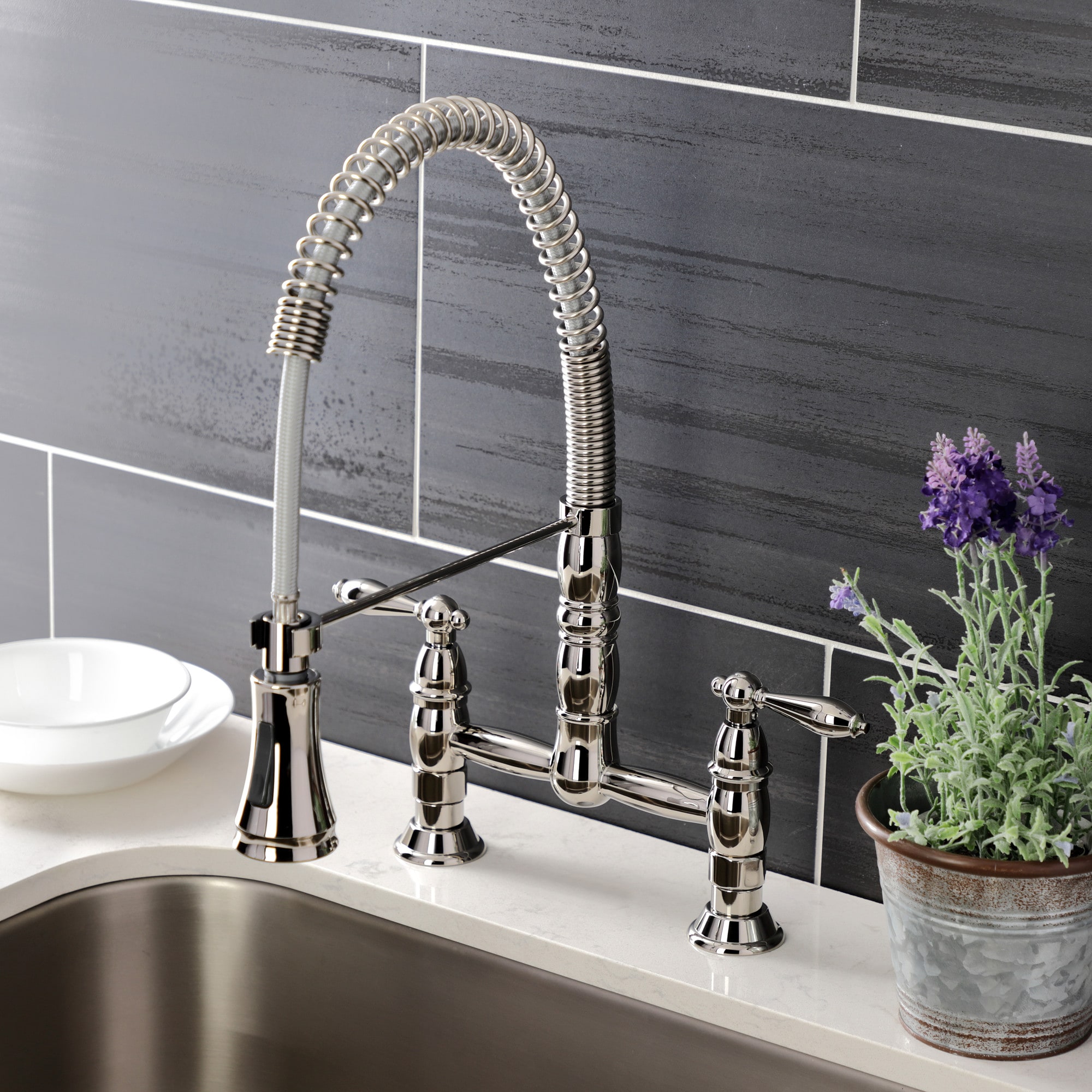 Kingston Brass WLGS1276AL Polished Nickel Double Handle Deck-mount Pull-down Kitchen Faucet
