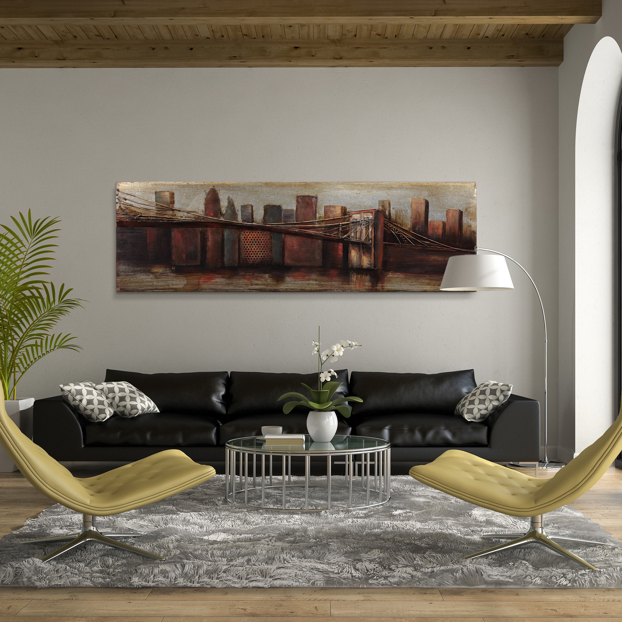 Hand Painted Iron Cityscape Wall Art Sculpture, 72" x 22"