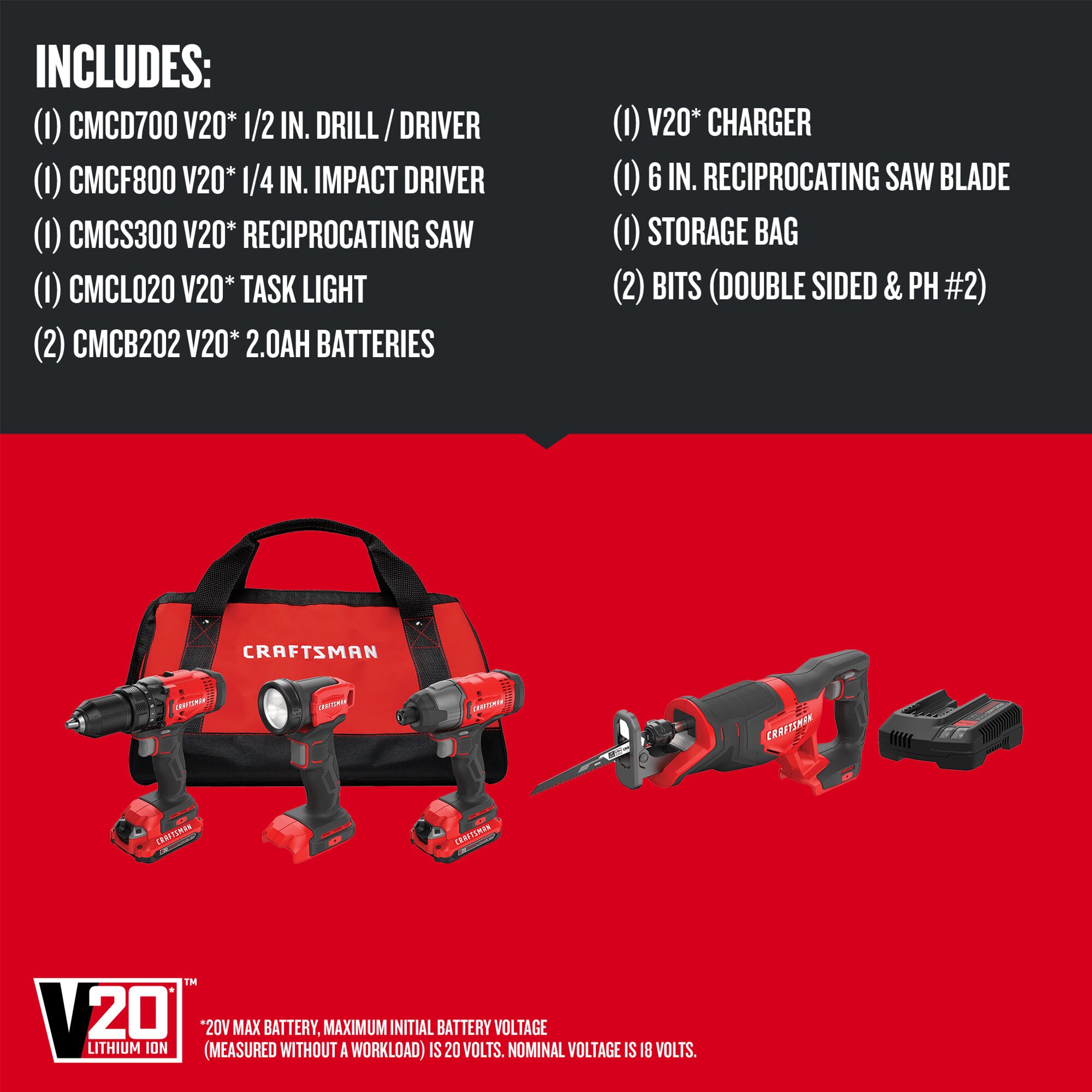 CRAFTSMAN V20 4-Tool Power Tool Combo Kit with Soft Case (Li-ion Batteries  and Charger Included) in the Power Tool Combo Kits department at
