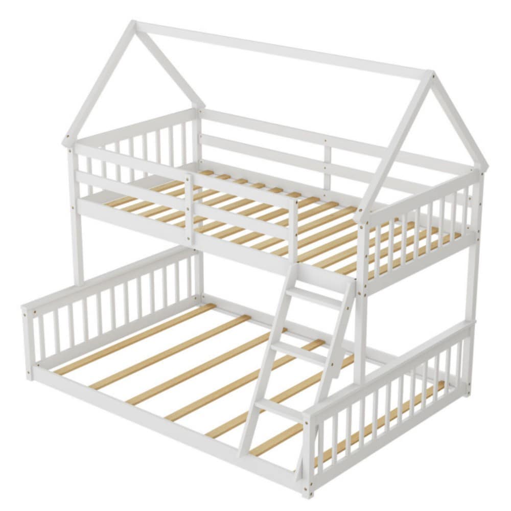 Fenbeli Twin Over Full House Style Bunk Bed with Ladder and Guardrails
