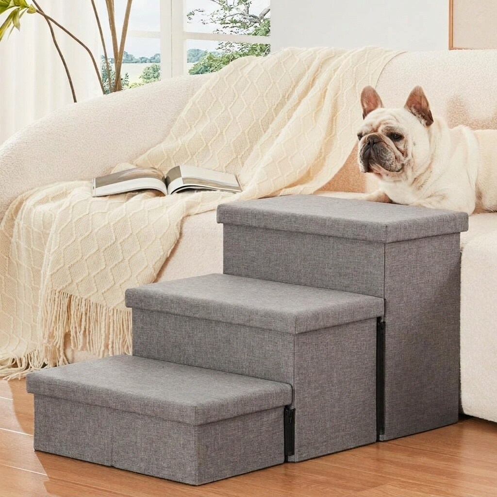 Graue faltbare Hundetreppe mit drei Stufen und integriertem Stauraum