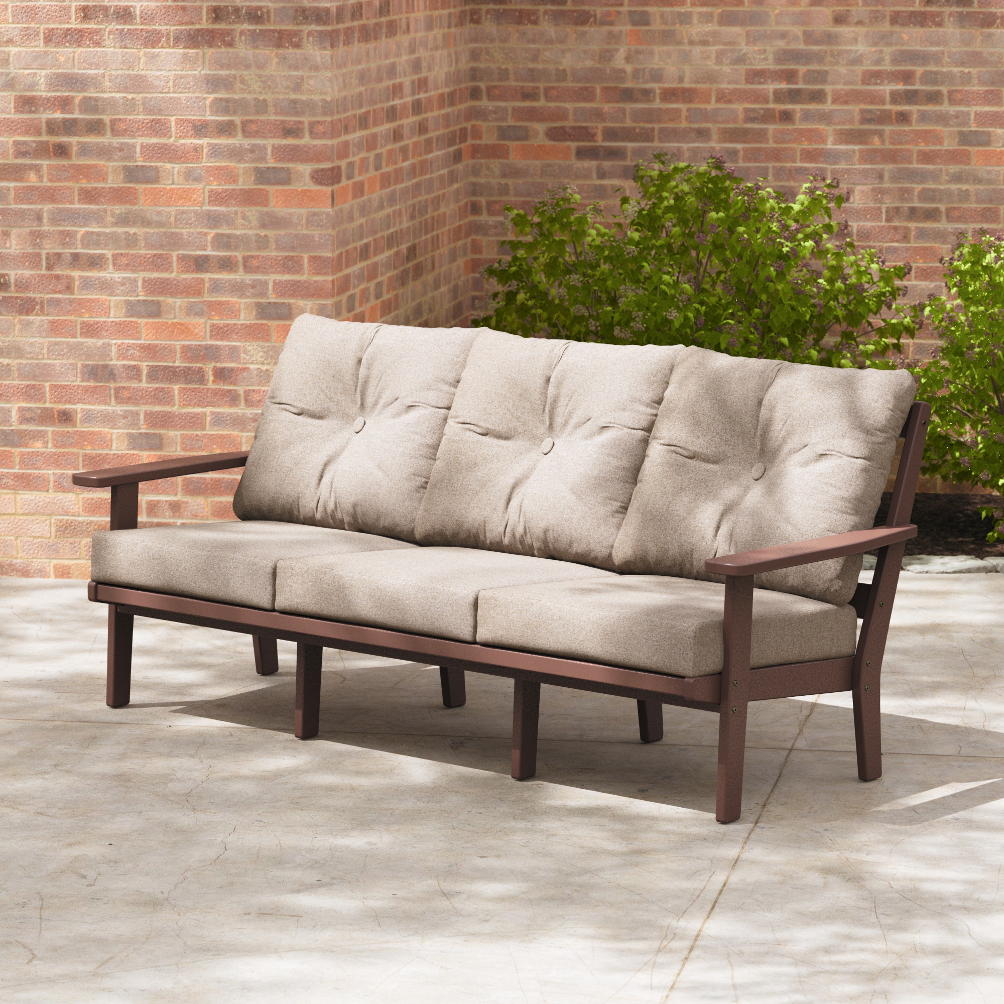 POLYWOOD Oxford Outdoor Sofa with Tan Cushions and Plastic Frame