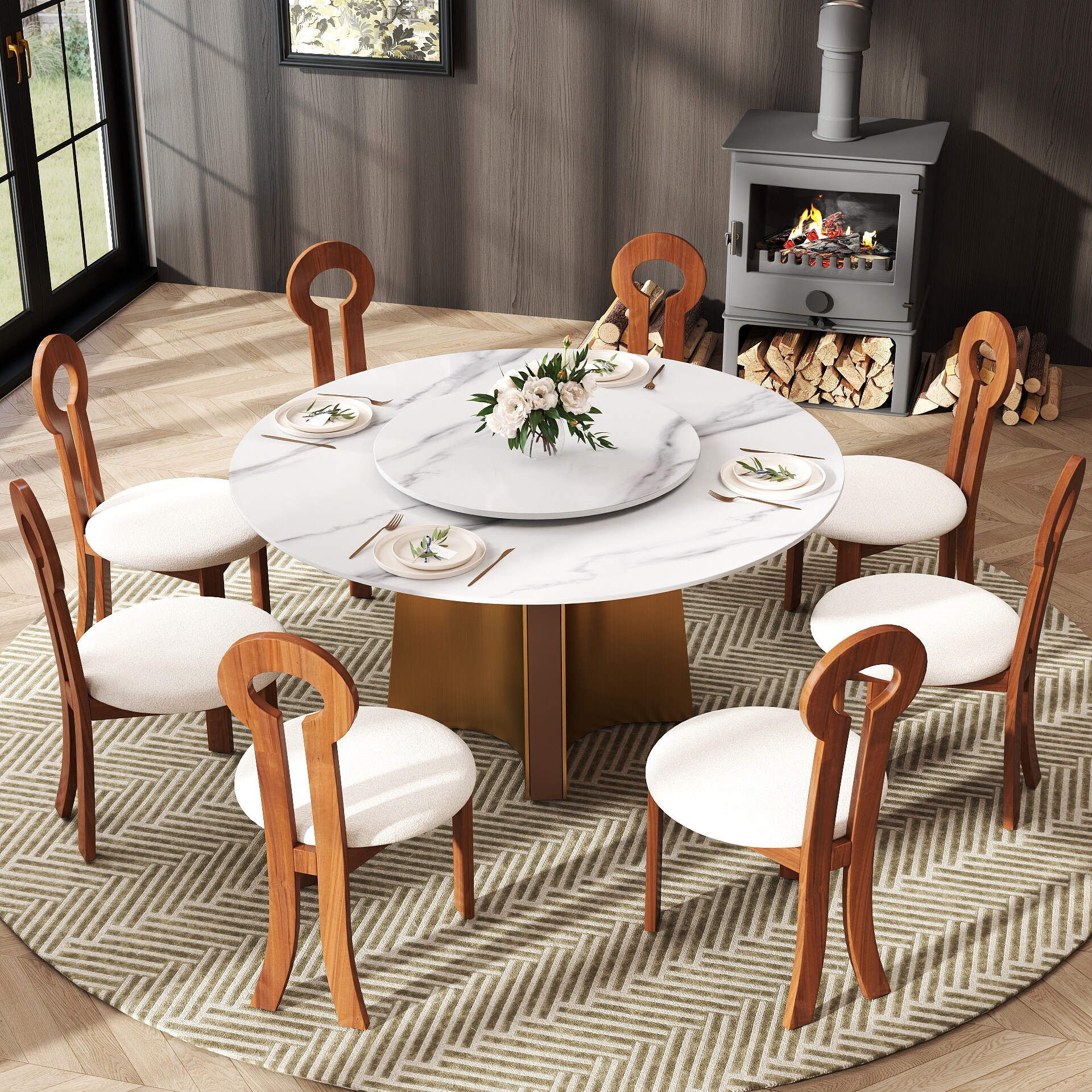 BuotiqHom DH-B-150W80-1G 59 in. White + Lazy Susan Round Contemporary/Modern Dining Table, Ceramic with Primed Steel 59-in L x 29.5-in H