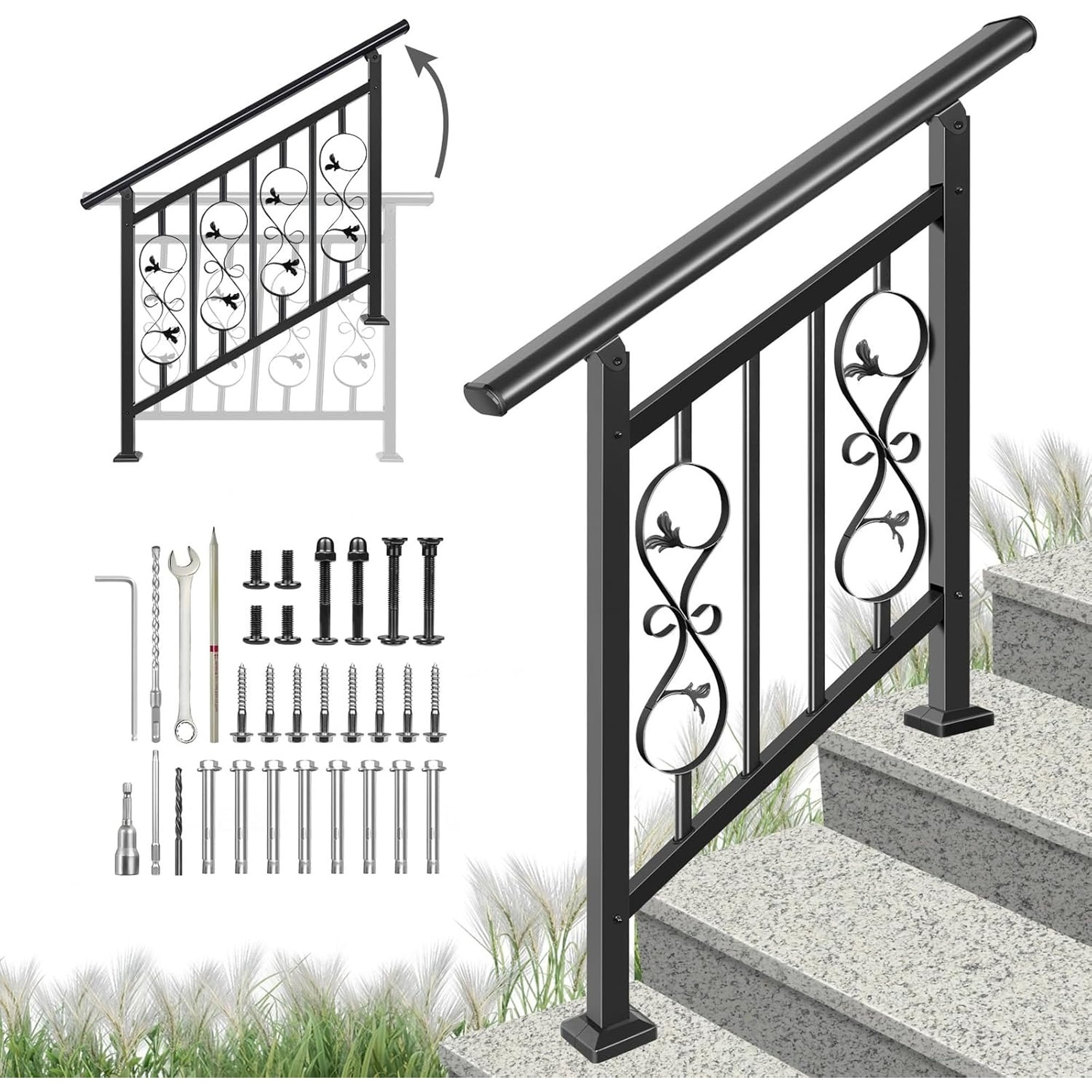Angel Sar 3 Step Handrails for Outdoor Steps Adjustable Black Wrought Iron Railing for Porches Concrete Wooden Steps