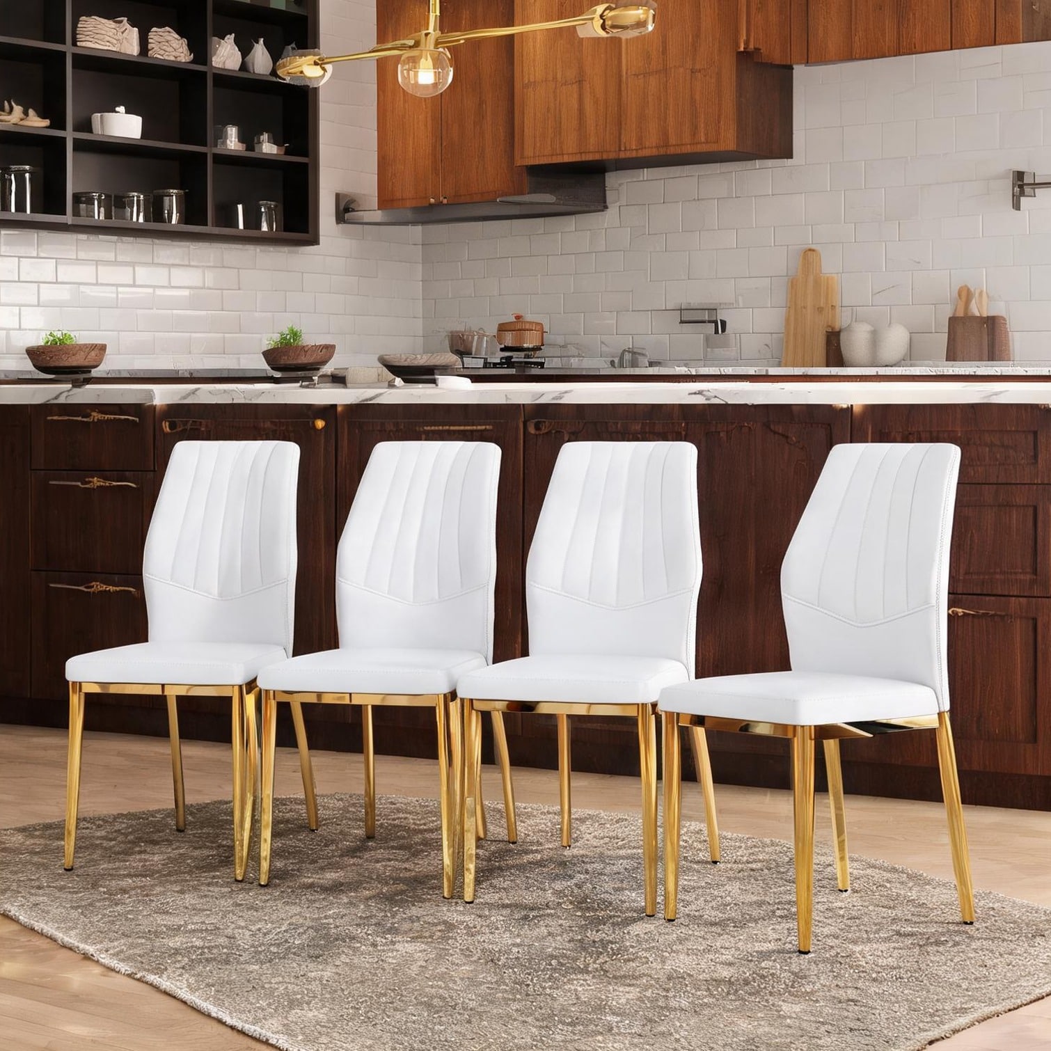 FlowLuxe - Soft White PU Leather Dining Side Chairs with Gold Metal Legs Ergonomic Solid Back Set...