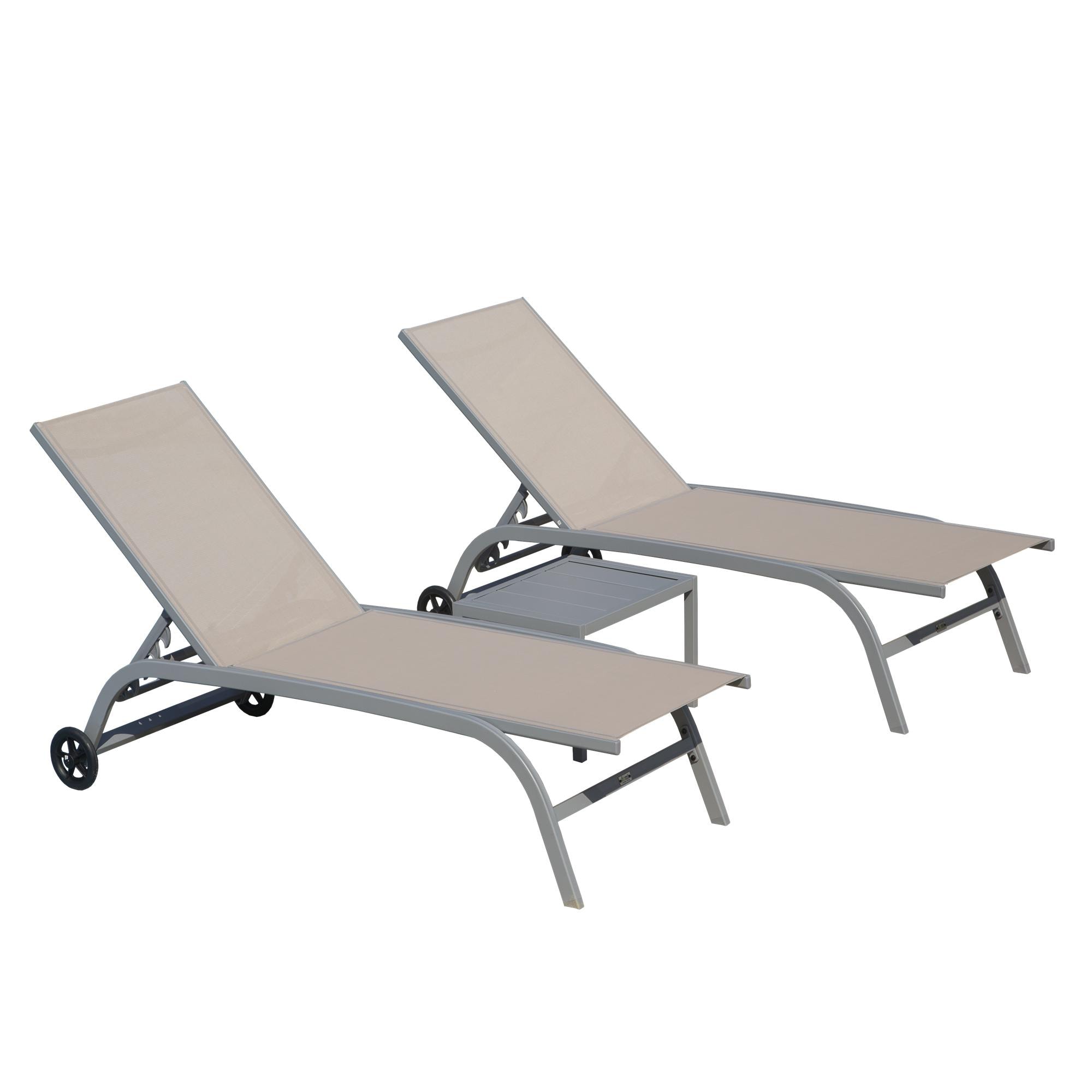 GZMR GZ-CPL-09858 Outdoor Lounge Chairs with 5 Adjustable Position Set of 2 khaki Aluminum Frame Stationary Chaise Lounge Chair with Brown Textilene fabric Solid Seat