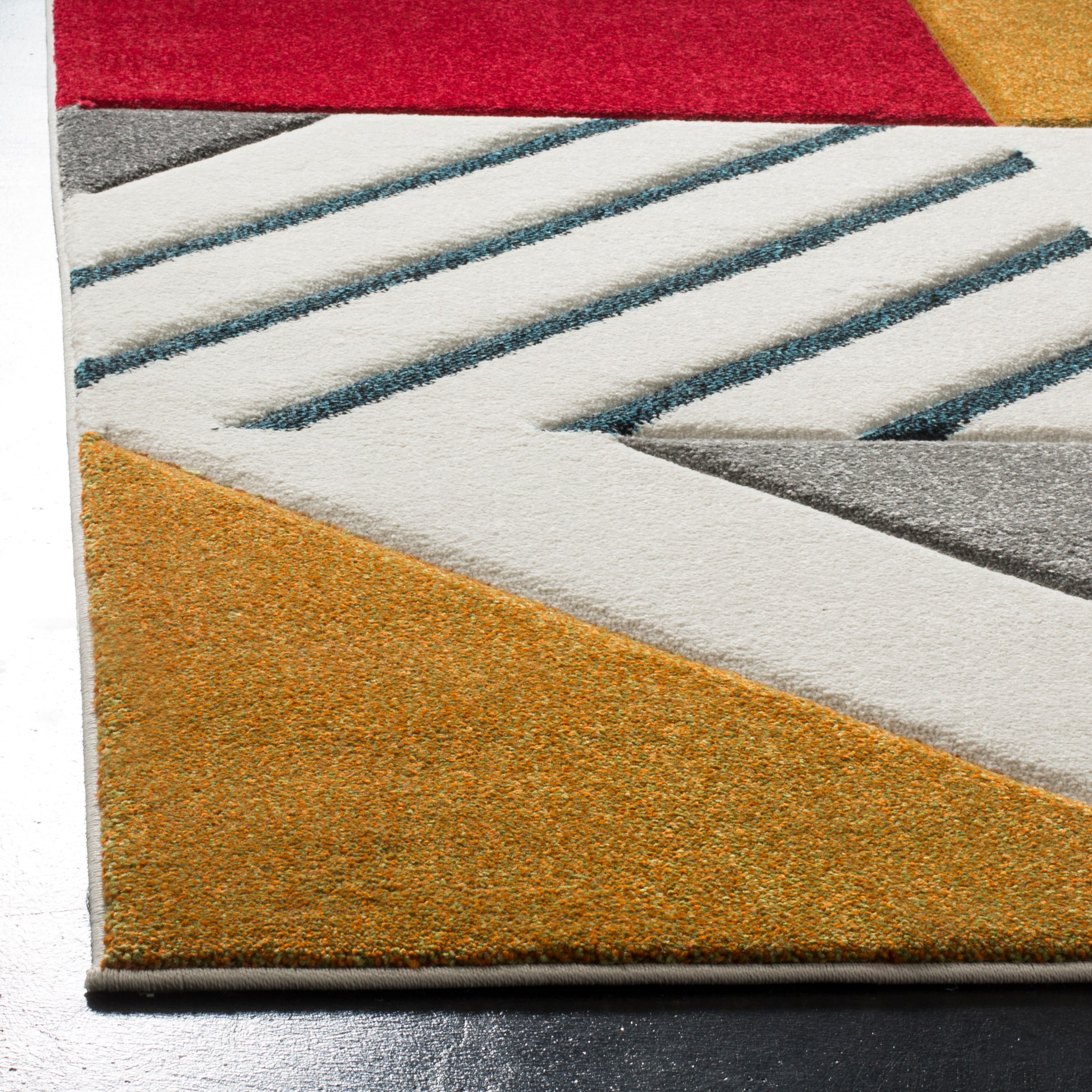 Ivory and Peacock Blue Geometric Mid-Century Modern Square Rug