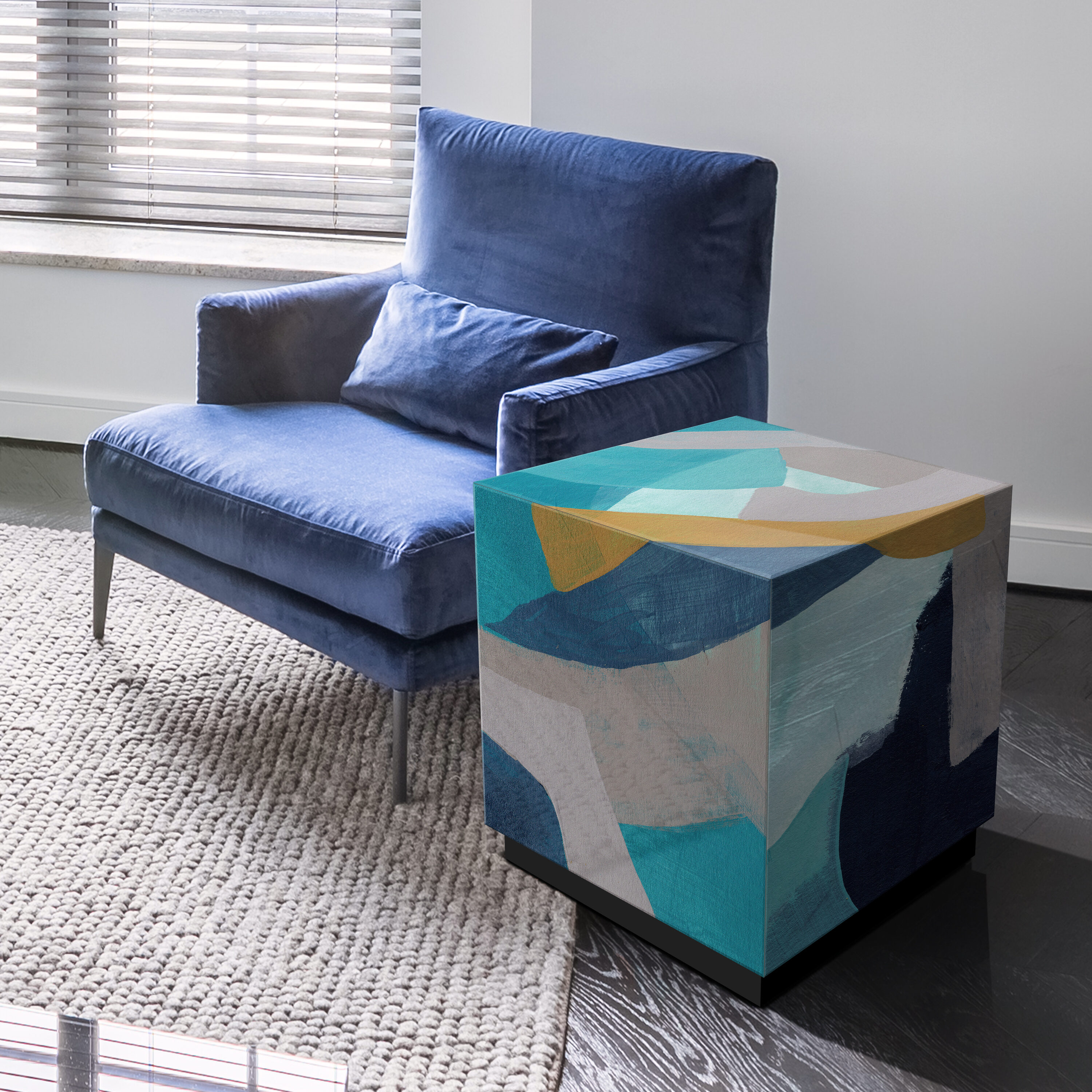 Slate and Cerulean Blue Art Glass Square Side Table with Black Plinth