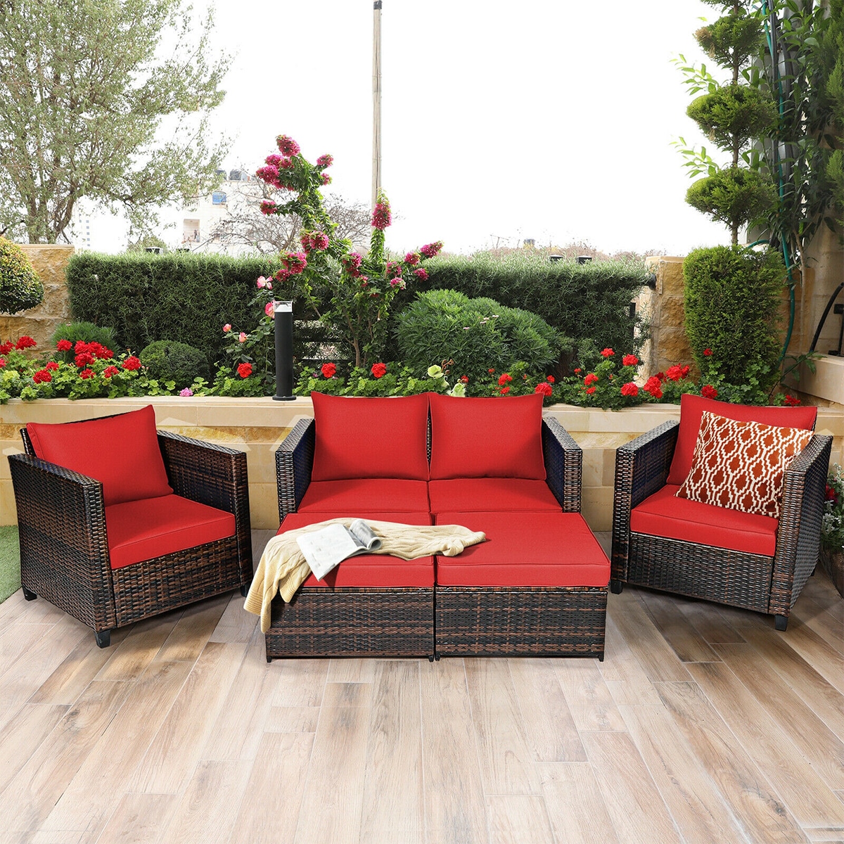 Forclover HYFE-67697ARE 5 -Piece Rattan 2 Patio Sofa Conversation Set with Red Cushions