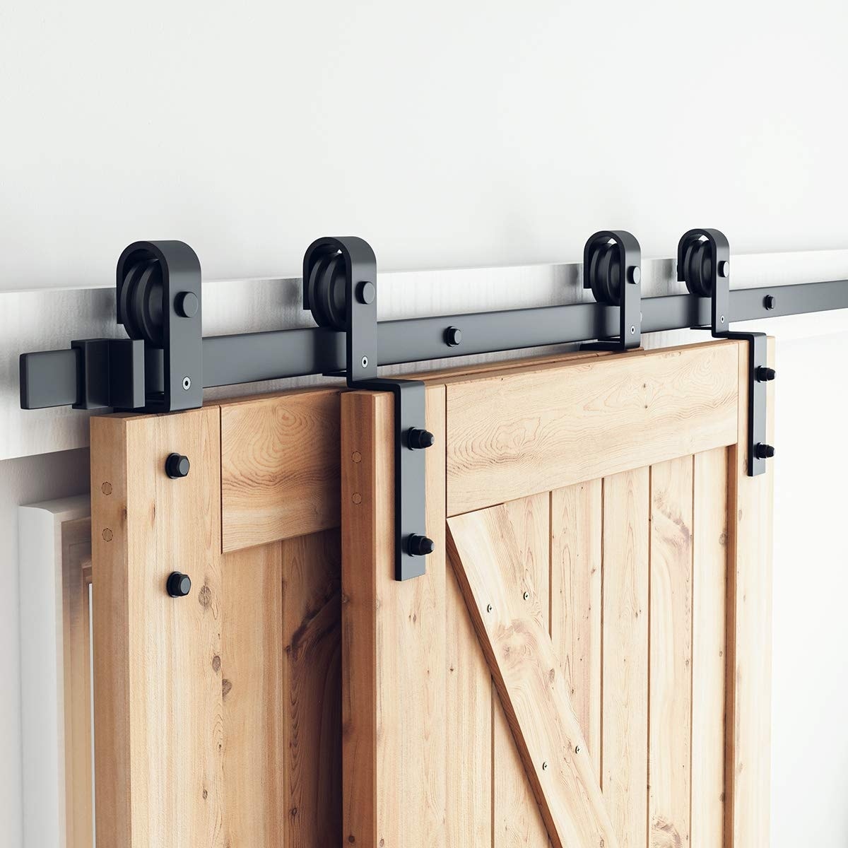 Phyfalip 6.6 ft Bypass Sliding Barn Door Hardware Kit Single Track for Double Wooden Doors Fits 67 inch Opening Supports 220 lb 1 Set #LPF0502Q32